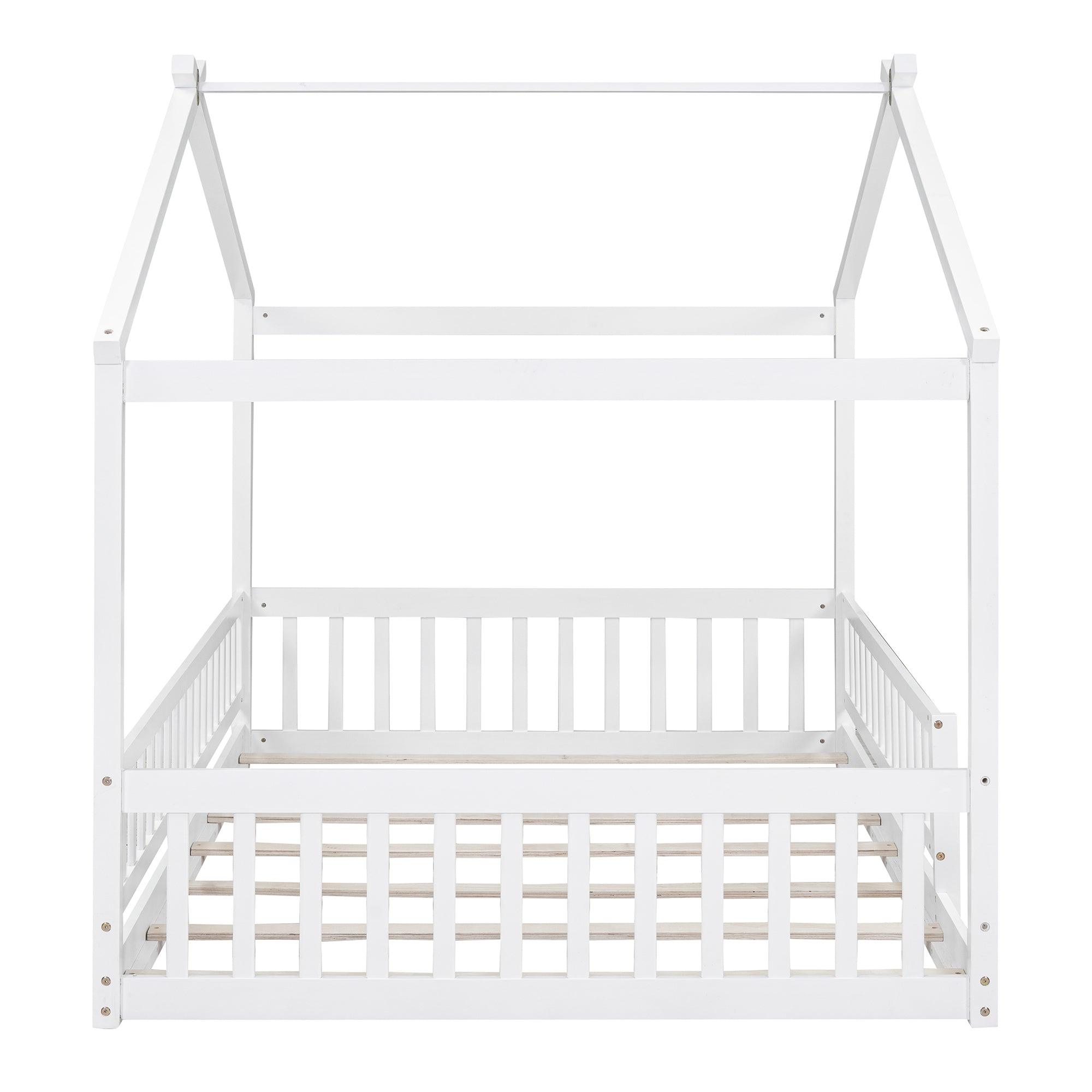 Full Size Wood Bed House Bed Frame with Fence, for Kids, Teens, Girls, Boys, White