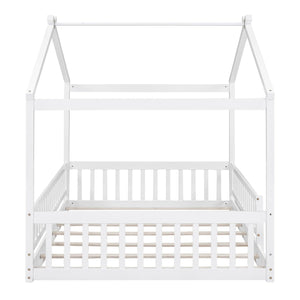 Full Size Wood Bed House Bed Frame with Fence, for Kids, Teens, Girls, Boys, White