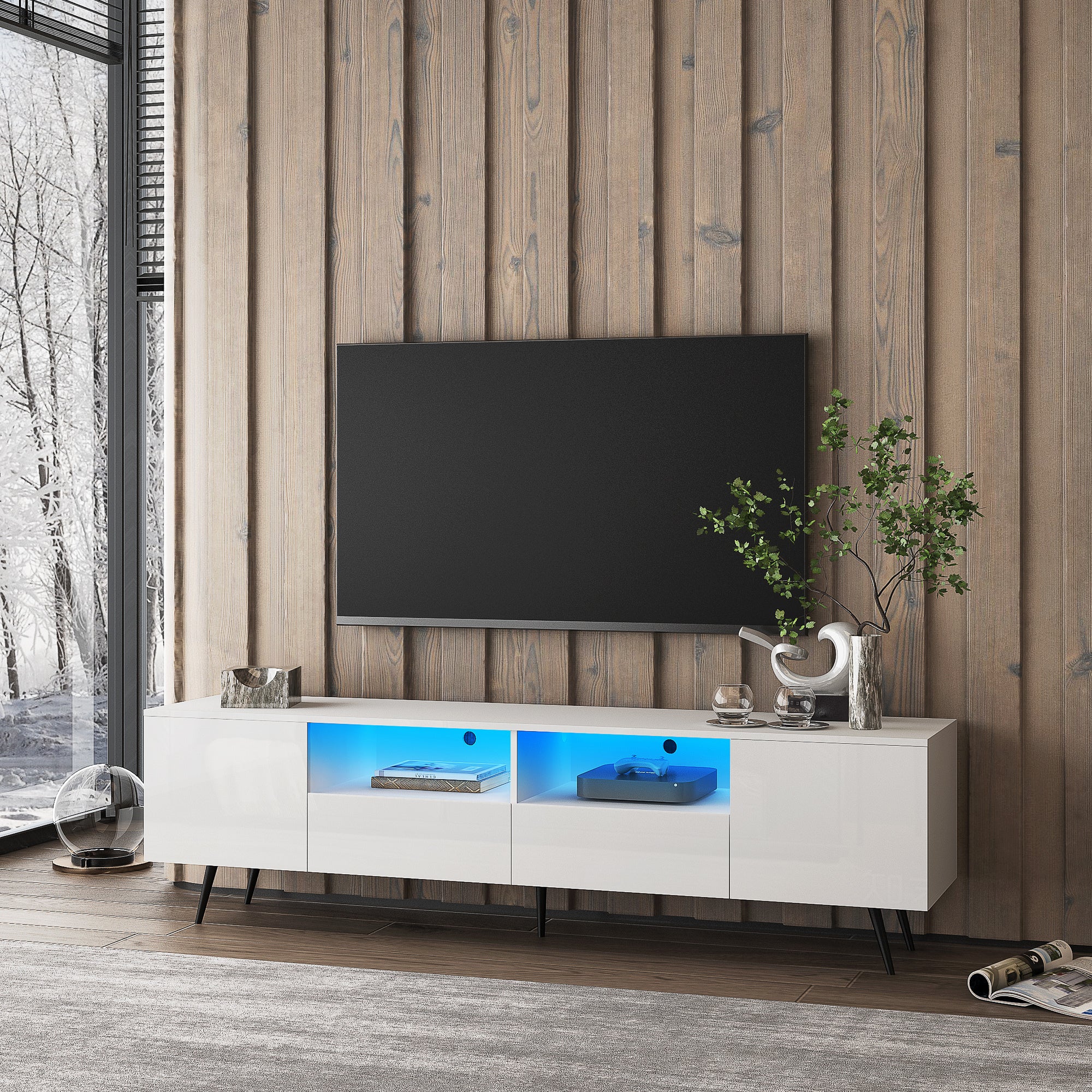 🆓🚛 Modern White TV Stand, 16 Colors LED TV Stand W/Remote Control Lights