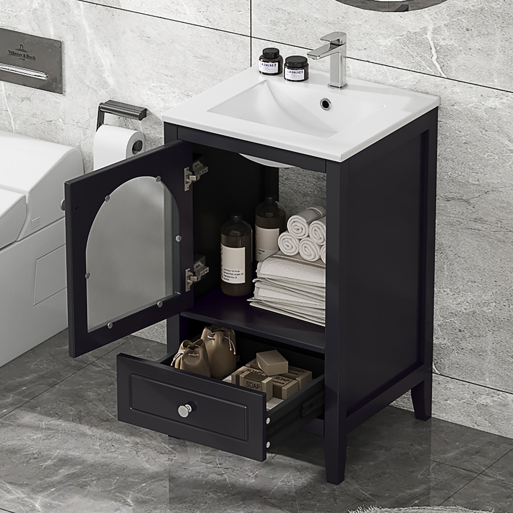 20" Bathroom Vanity With Sink, Bathroom Cabinet With Soft Closing Glass Door, a Drawer, Black