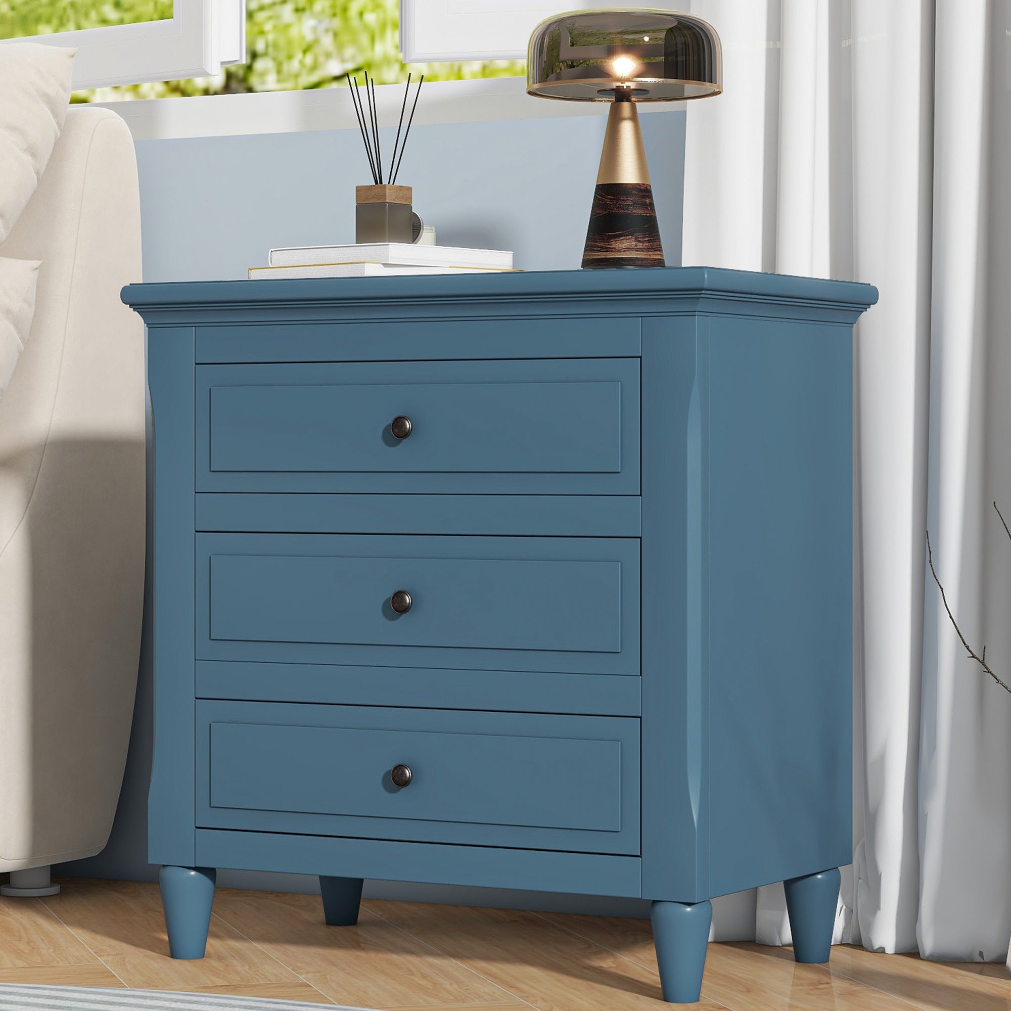🆓🚛 3-Drawer Nightstand Storage Wood Cabinet, Blue