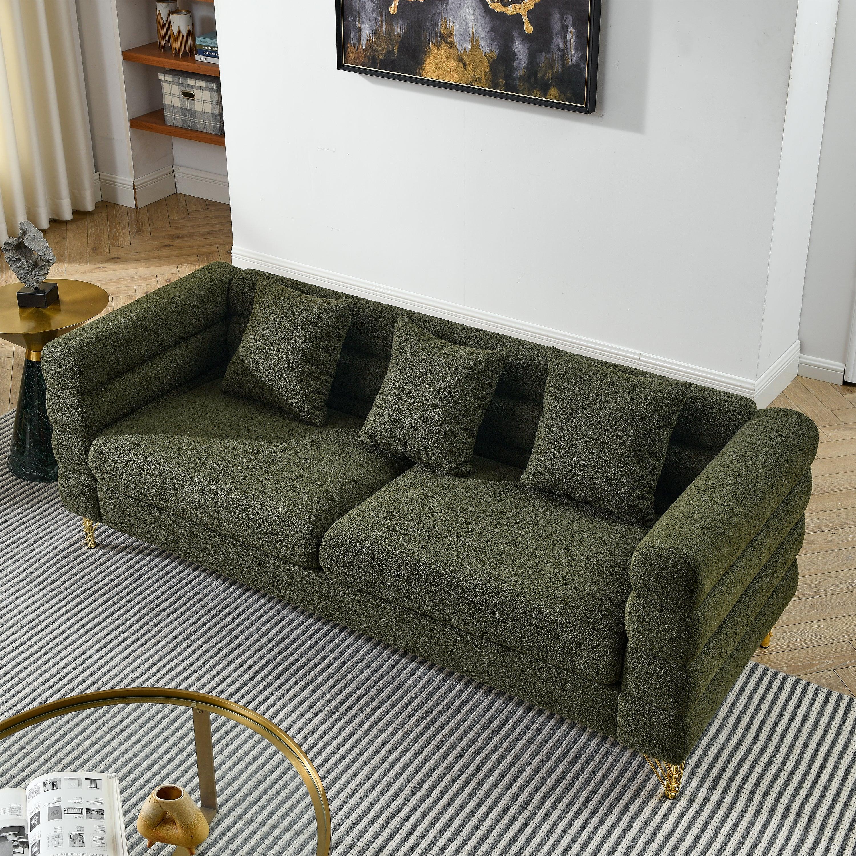 🆓🚛 81" Oversized 3 Seater Sectional Sofa, Living Room Comfort Fabric Sectional Sofa - Deep Seating Sectional Sofa, Soft Sitting With 3 Pillows for Living Room, Bedroom, Office, Green Teddy
