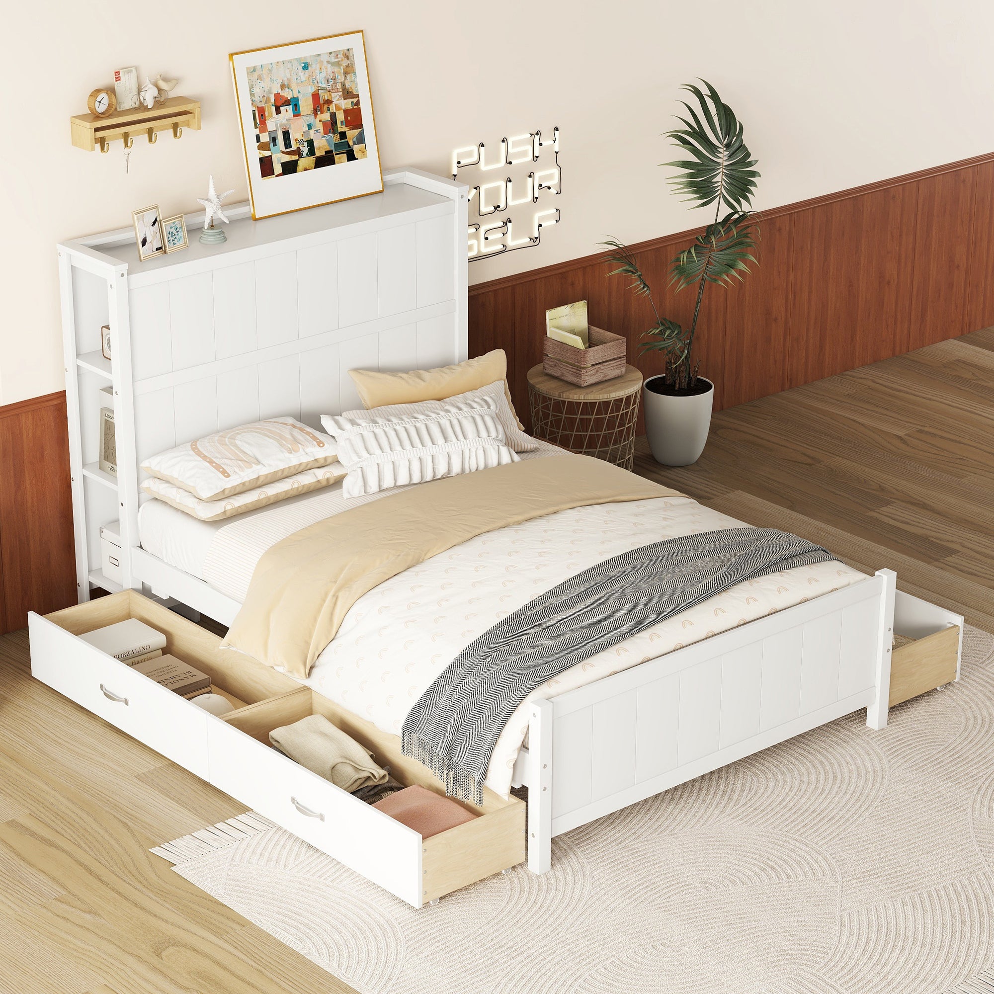 🆓🚛 Full Size Platform Bed With Drawers and Storage Shelves, White