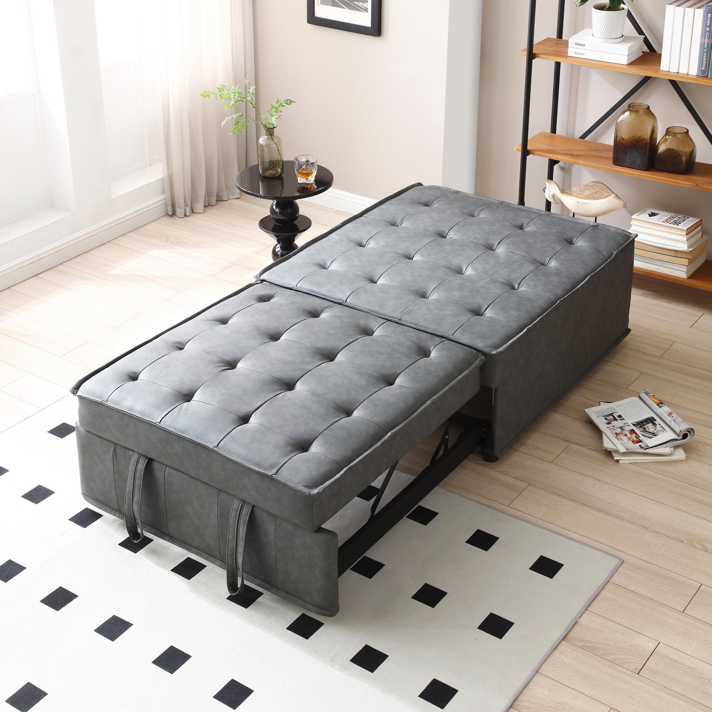 🆓🚛 Multipurpose Faux Leather Ottoman Lazy Chair Pull-Out Sofa Bed, Dark Gray