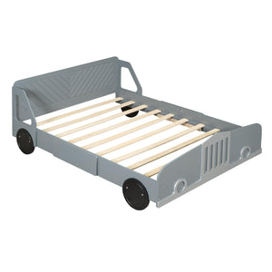 Full Size Car-Shaped Platform Bed with Wheels, Gray