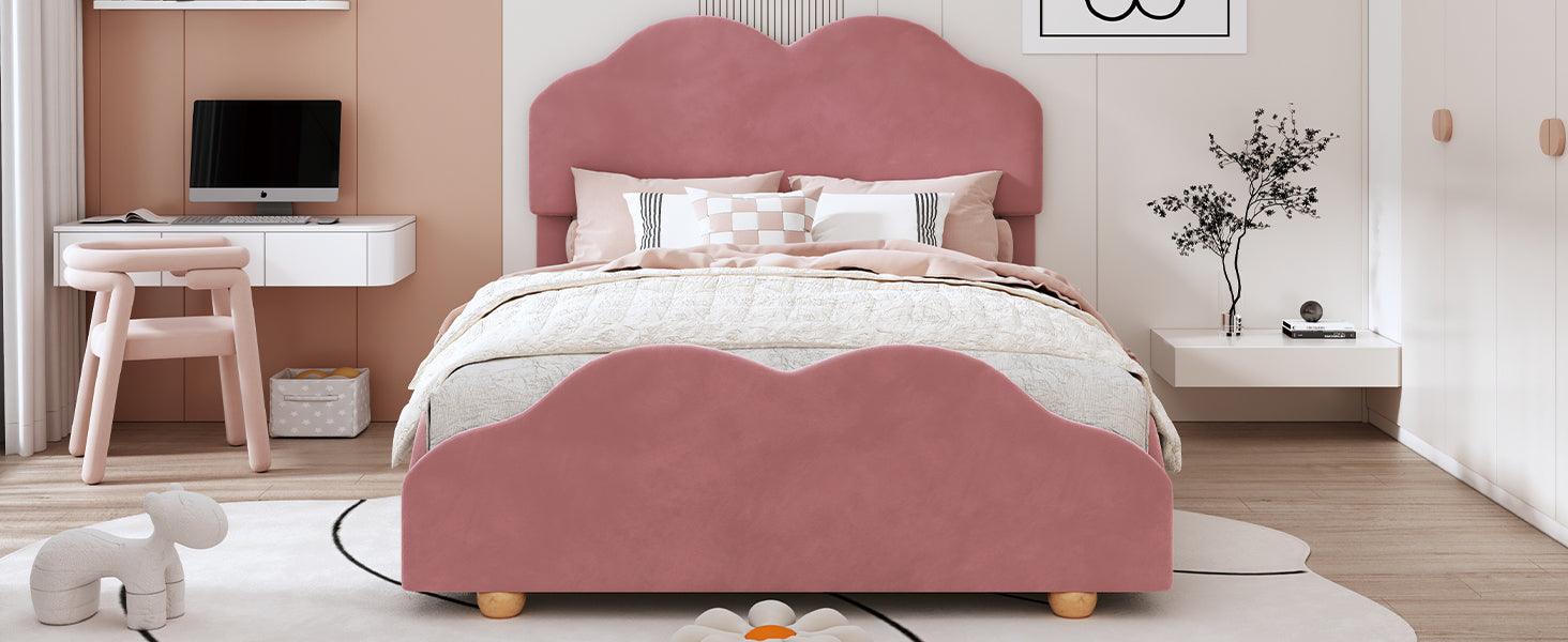 Full Size Upholstered Platform Bed with Cloud Shaped bed board, Dark Pink