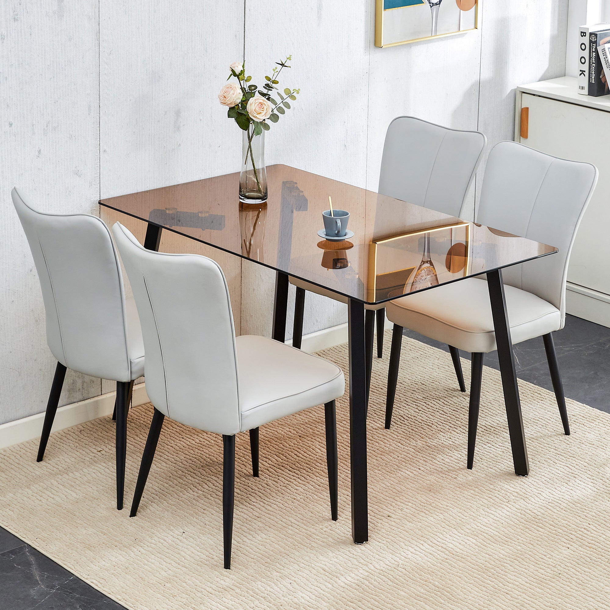 🆓🚛 One Table & 4 Light Gray Pu Chairs Rectangular Tea Brown Glass Dining Table, Tempered Glass Tabletop and Black Metal Legs, Suitable for Kitchen & Dining Room