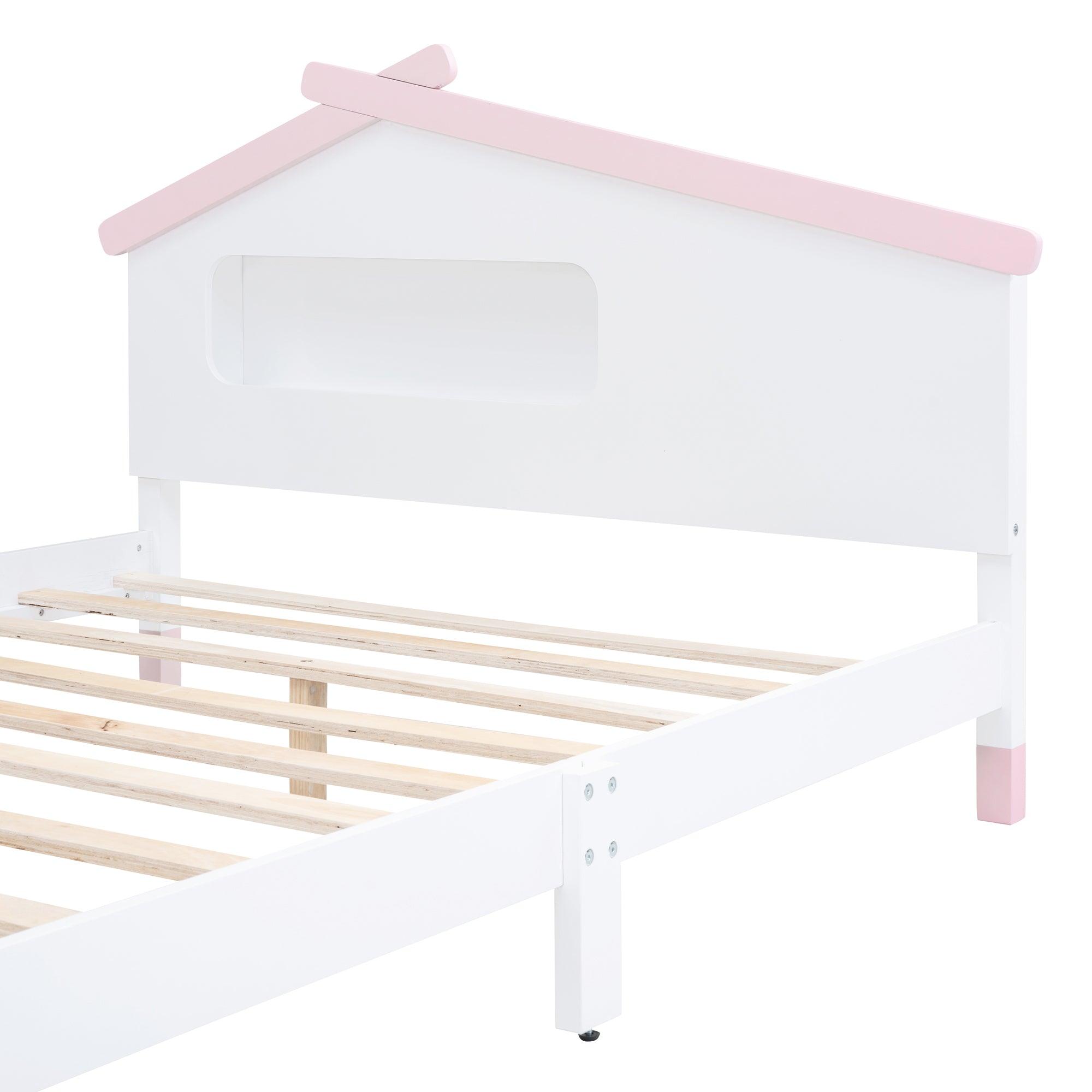 Full Size Wood Platform Bed with House-shaped Headboard and Motion Activated Night Lights (White+Pink)