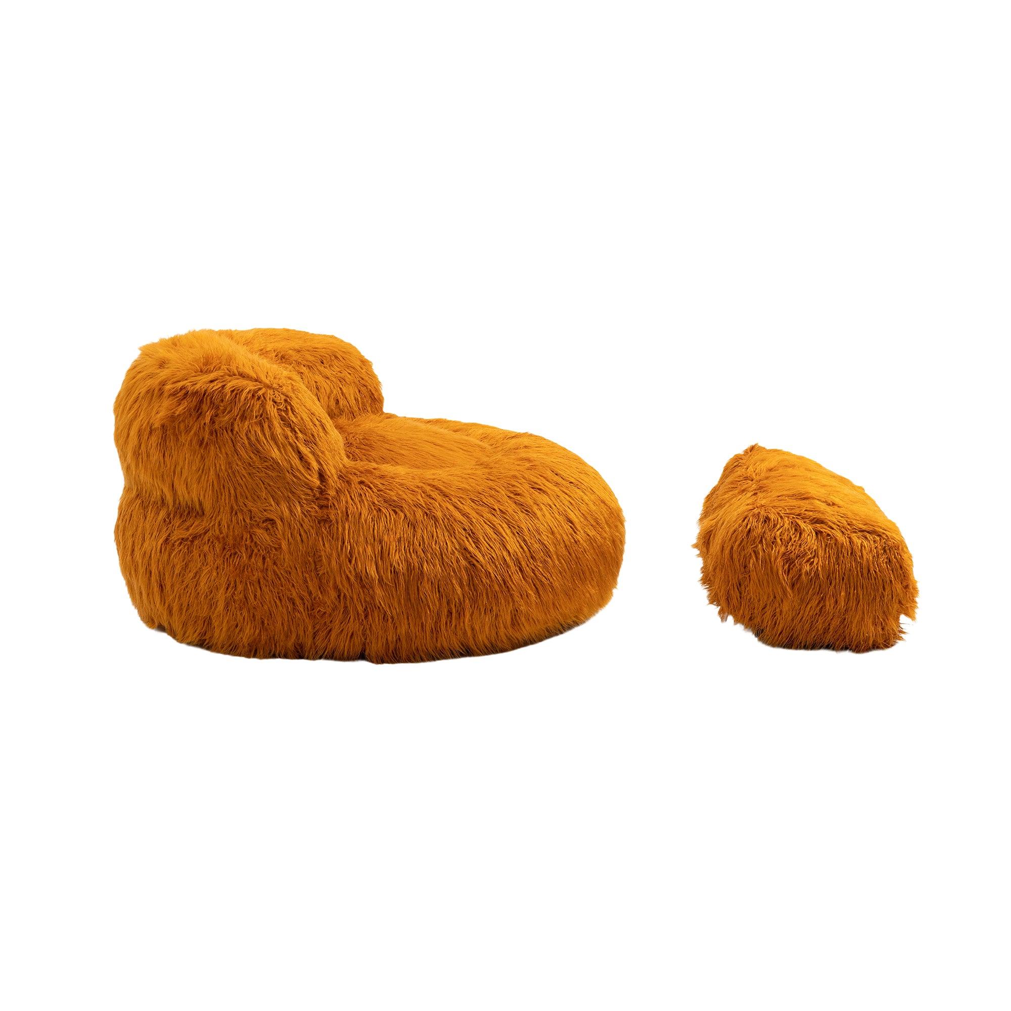 Gramanda 2-In-1 Bean Bag Chair Faux Fur Lazy Sofa & Ottoman Footstool For Adults And Kids - Orange