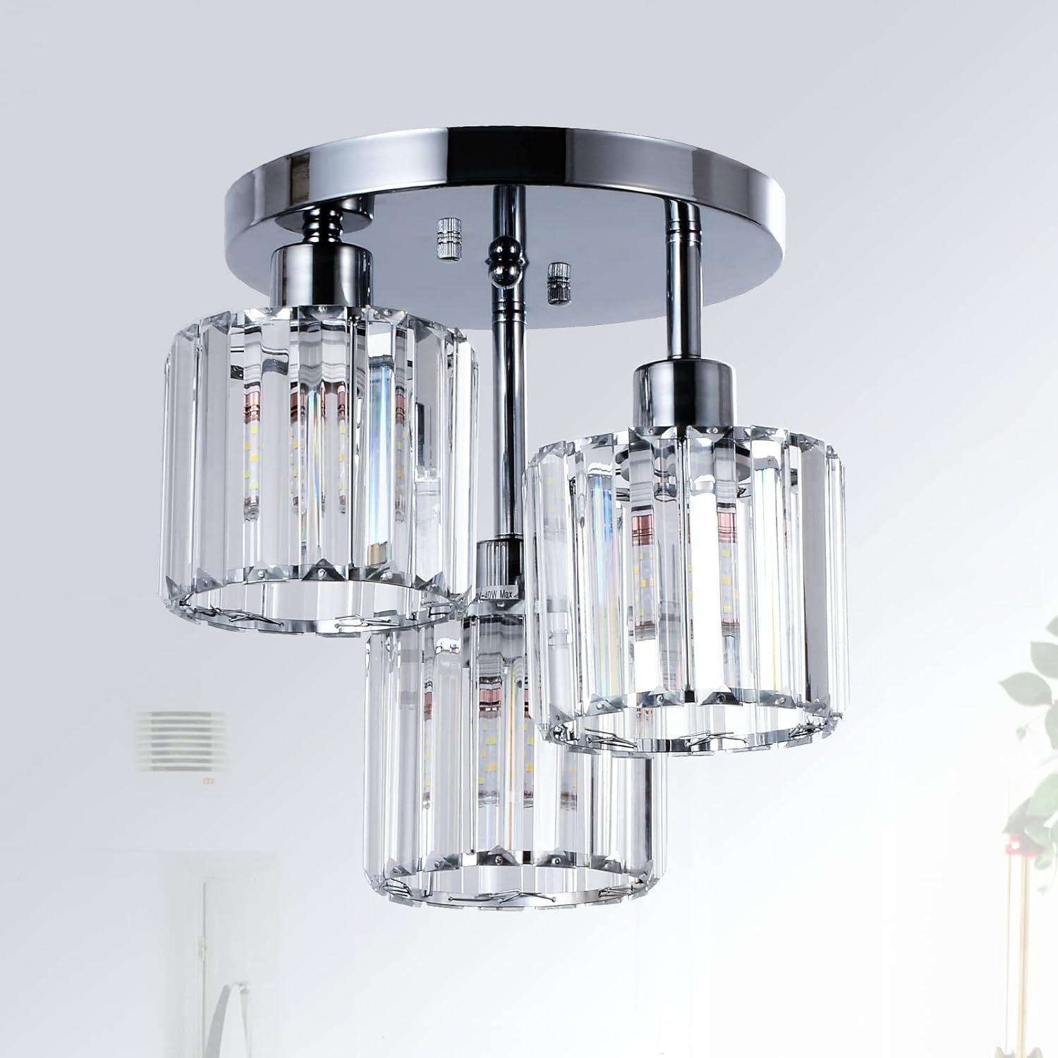 Semi Flush Mount Ceiling, 3-Light Kitchen Mount, Hallway Light Fixtures Ceiling with Clear Crystal Shades for Kitchen Entryway Bedroom Bathroom Foyer