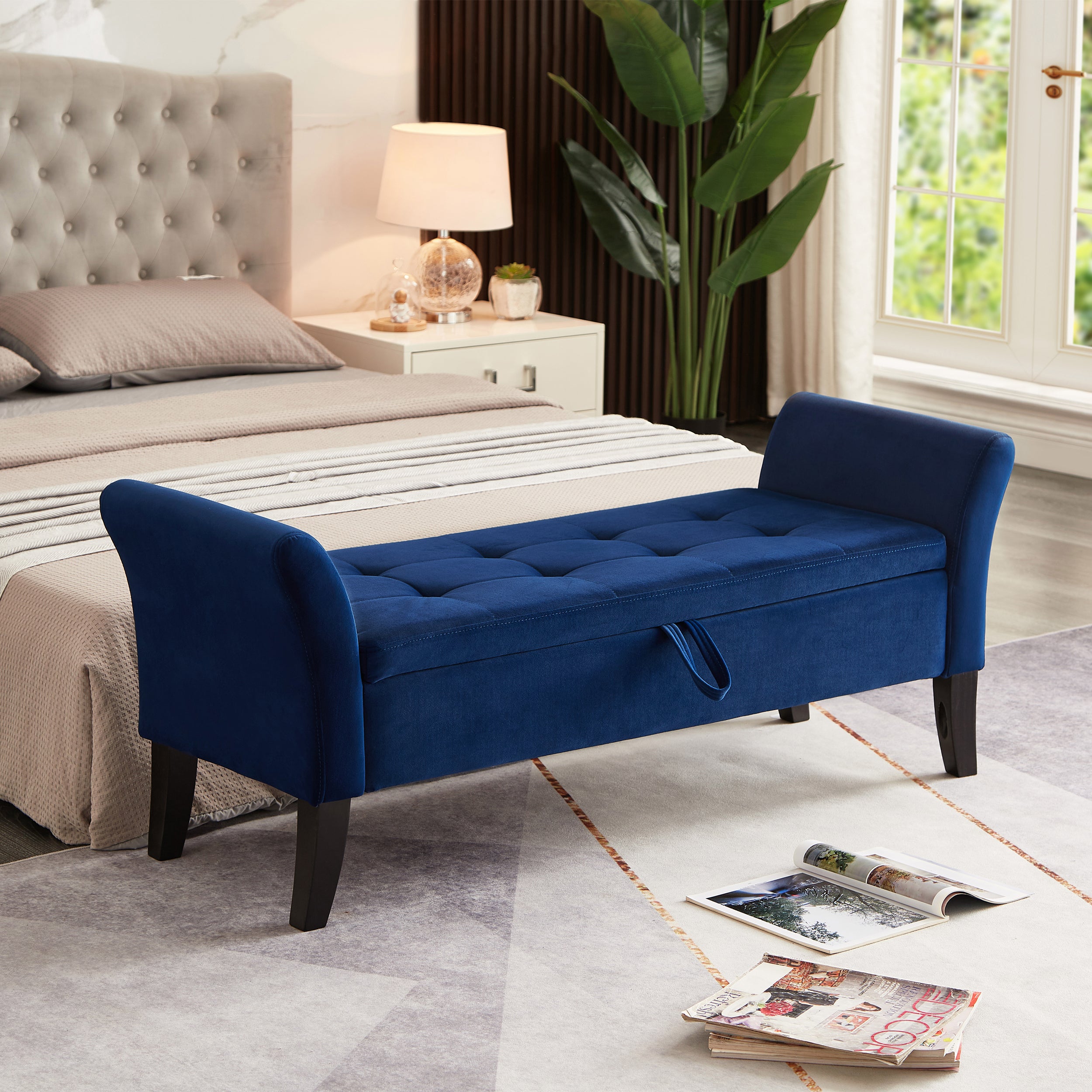 51.5" Bed Bench With Storage, Navy Blue Velvet