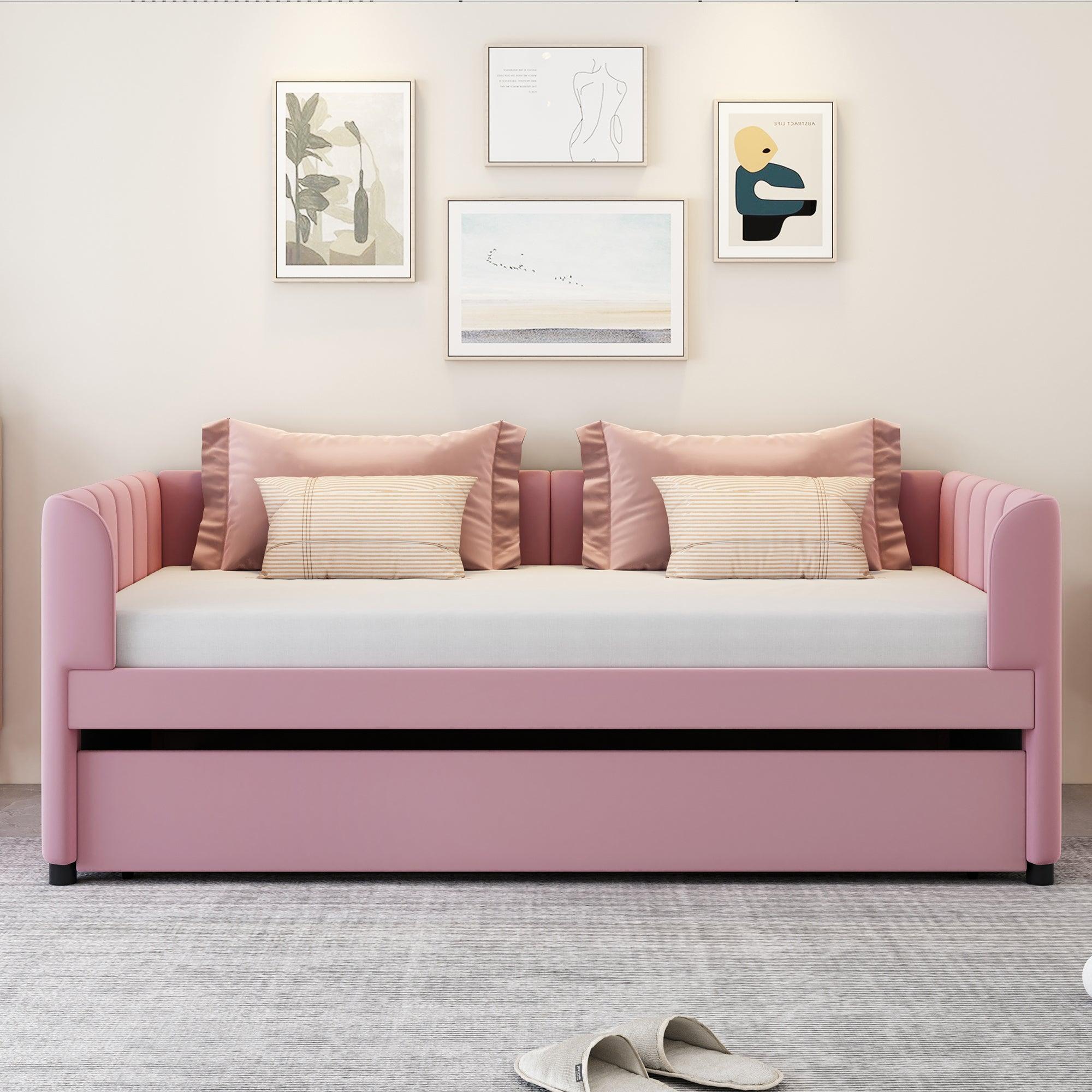 🆓🚛 Twin Size Upholstered Daybed With Ergonomic Design Backrest & Trundle, Pink