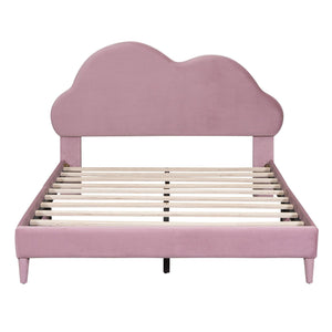 Full size Upholstered Cloud-Shape Bed , Velvet Platform Bed with Headboard, No Box-spring Needed, Pink