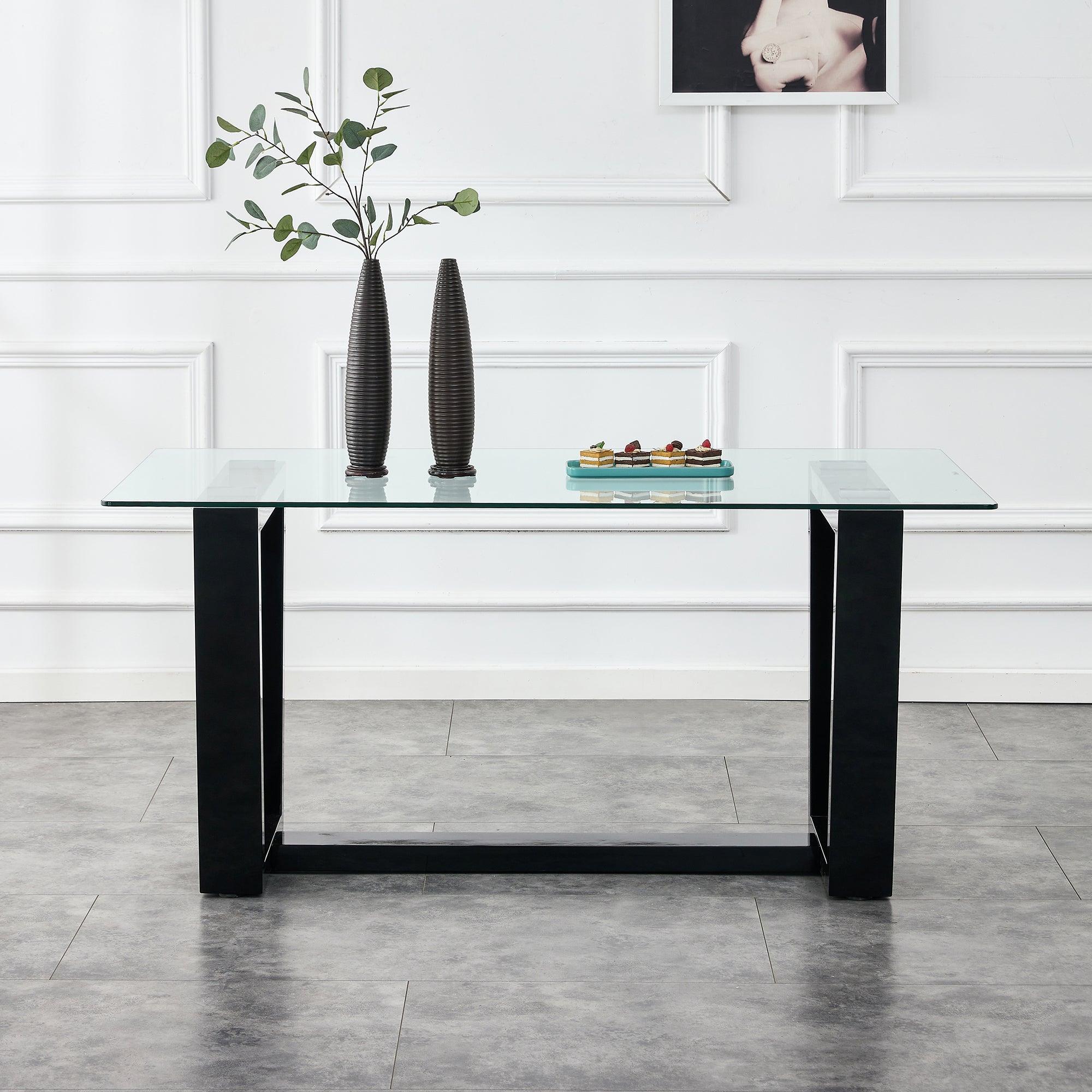 Glass Dining Table Large Modern Minimalist Rectangular  for 6-8 with 0.4" Tempered Glass Tabletop and Black MDFTrapezoid Bracket, For Kitchen Dining Living Meeting Room Banquet Hall