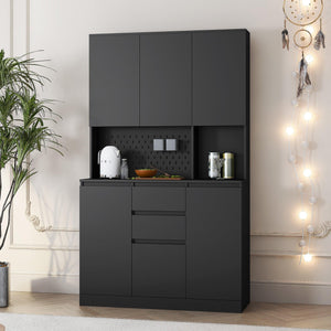 74" Freestanding Kitchen Pantry Cabinet Cupboard with 6 Doors, 3 Shelves and 1 Drawer, Versatile Wardrobe (Black)