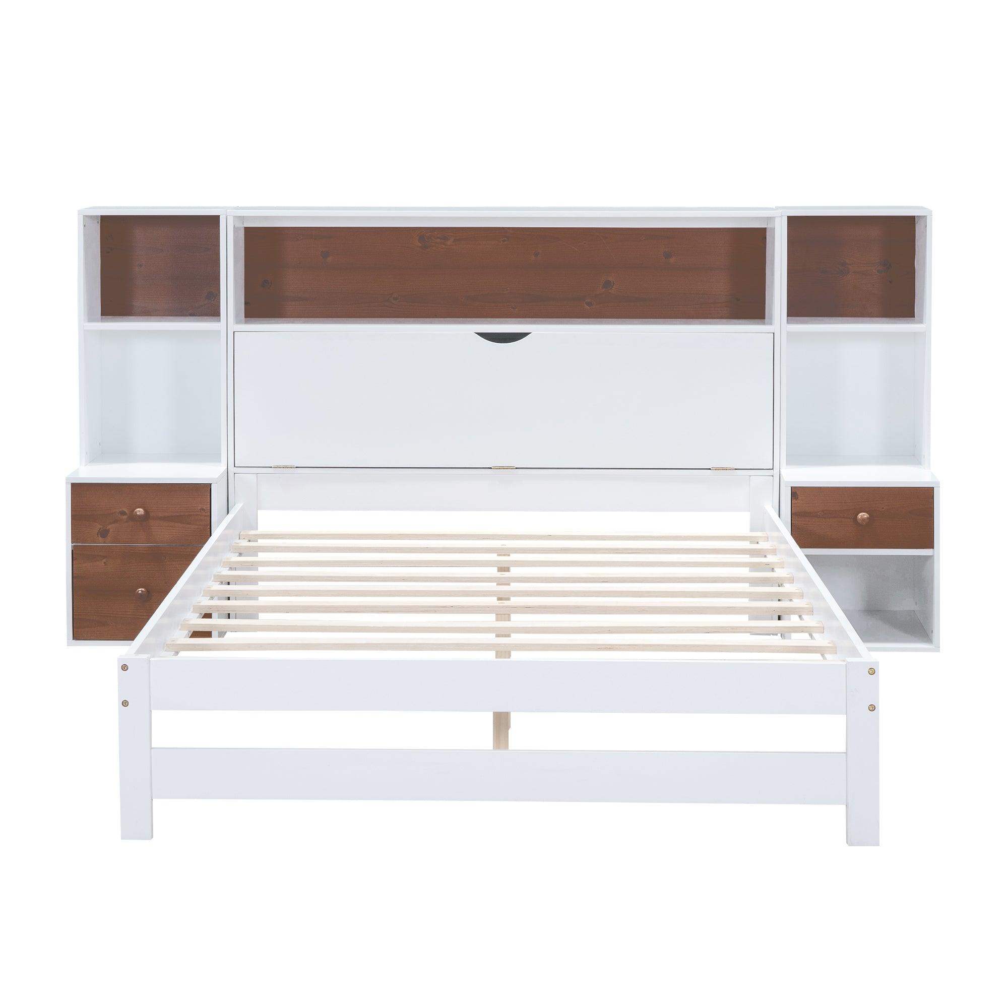 Full Size Platform Bed with Storage Headboard and Drawers, White