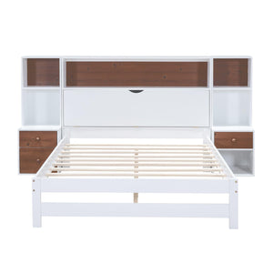 Full Size Platform Bed with Storage Headboard and Drawers, White