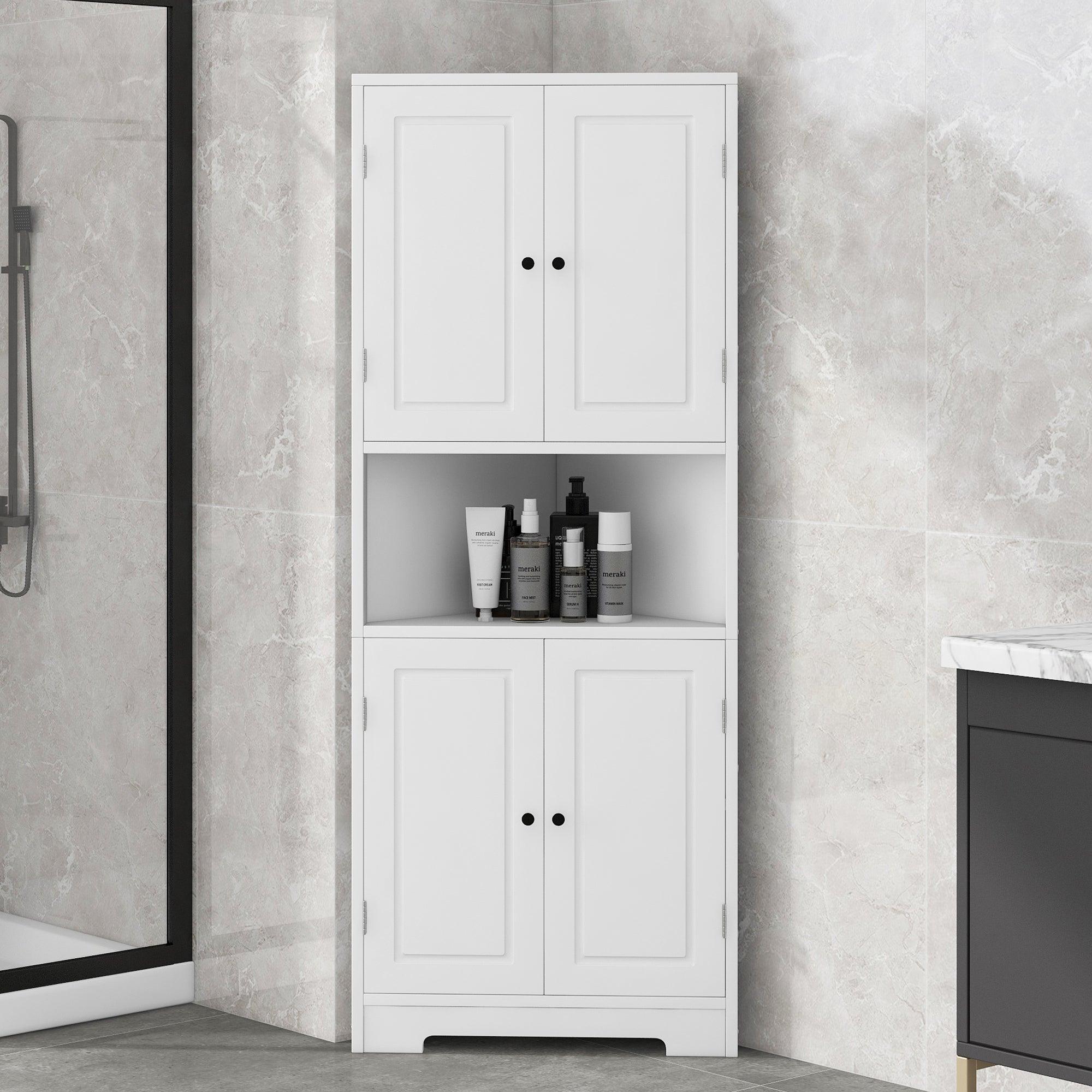 🆓🚛 Tall Bathroom Storage Cabinet, Corner Cabinet With Doors & Adjustable Shelf, Mdf Board With Painted Finish, White