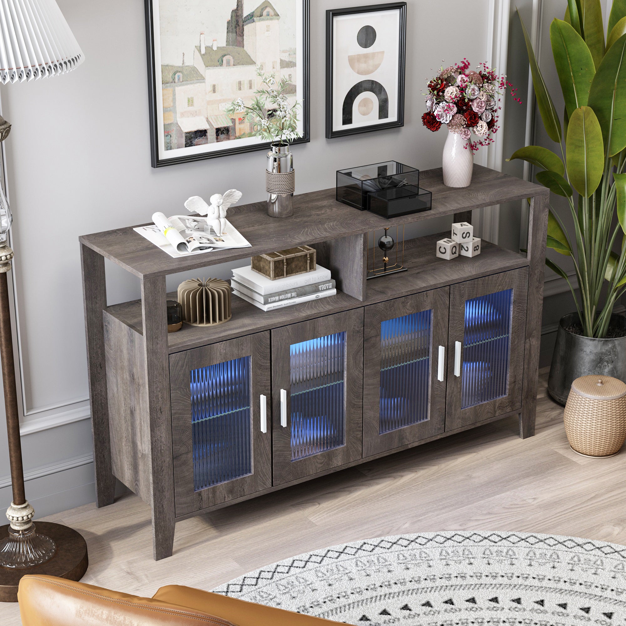 Buffet Sideboard, Storage Cabinet, Glass Door, for Dining Room& Living Room, Gray