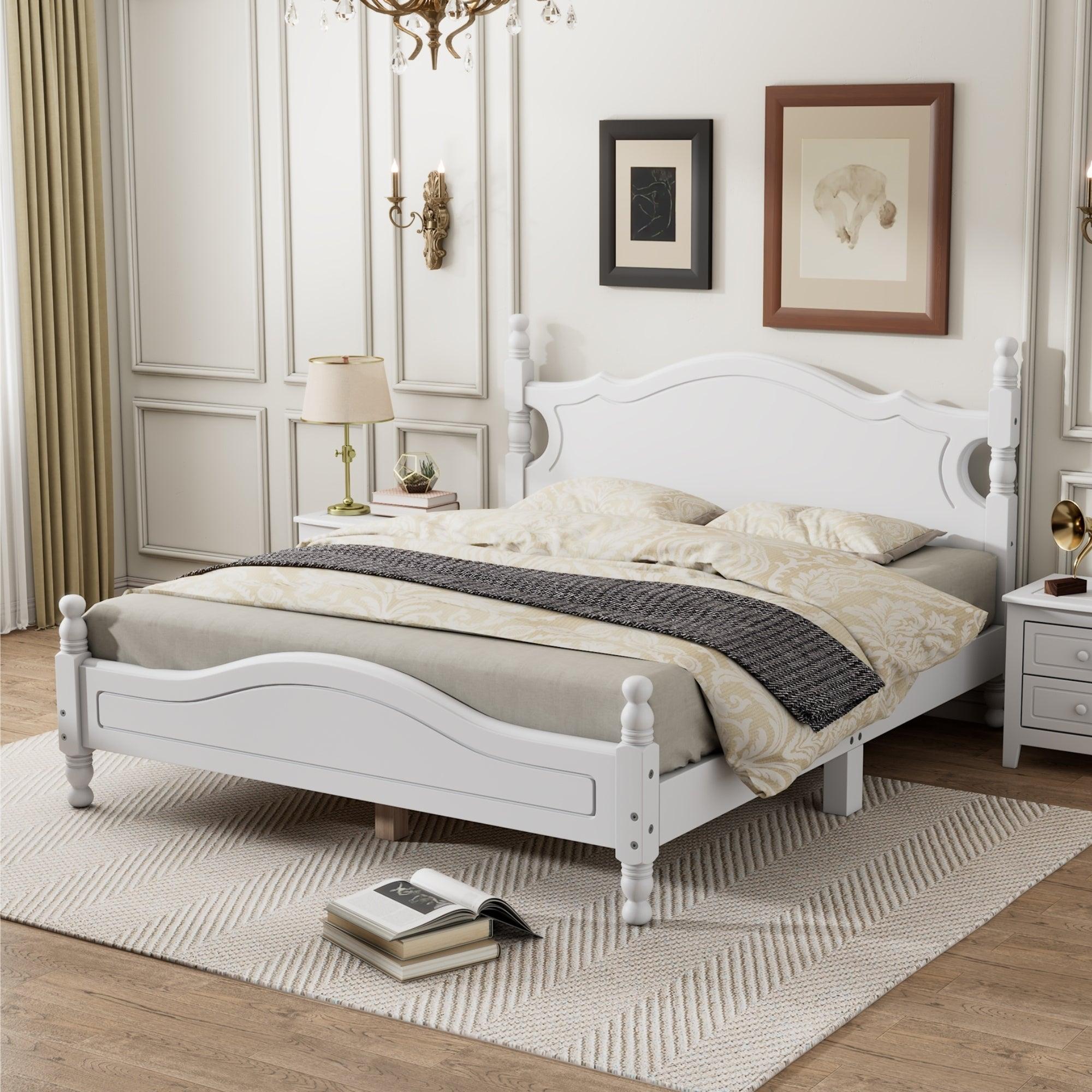 🆓🚛 Queen Size Wood Platform Bed Frame, Retro Style Platform Bed With Wooden Slat Support, White