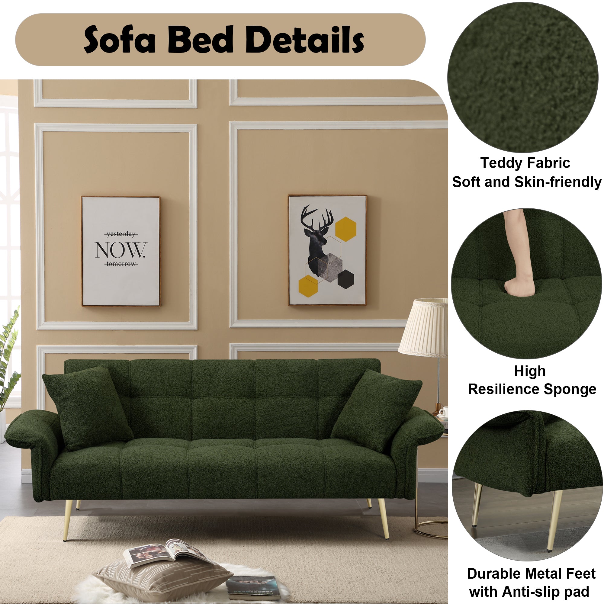 🆓🚛 70.1" Futon Sofa Bed, Convertible Double Sofa Bed With Folding Armrests for Living Rooms and Small Spaces, Olive Green