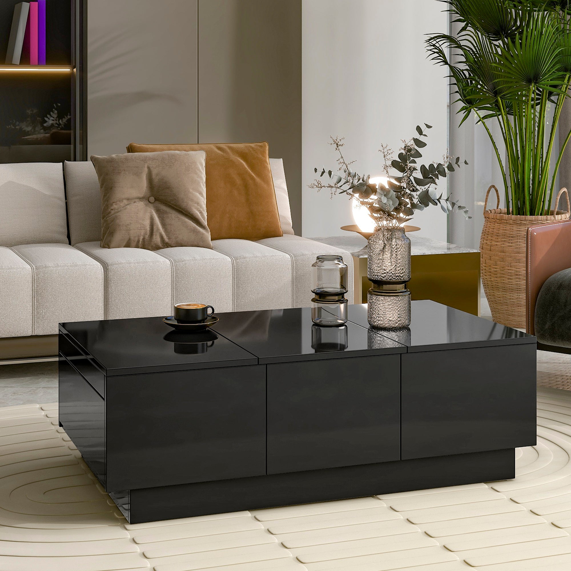 🆓🚛 Multifunctional Coffee Table With 2 Large Hidden Storage Compartment, Extendable Cocktail Table With 2 Drawers, High-Gloss Center Table With Sliding Top for Living Room, 39.3"X21.6", Black