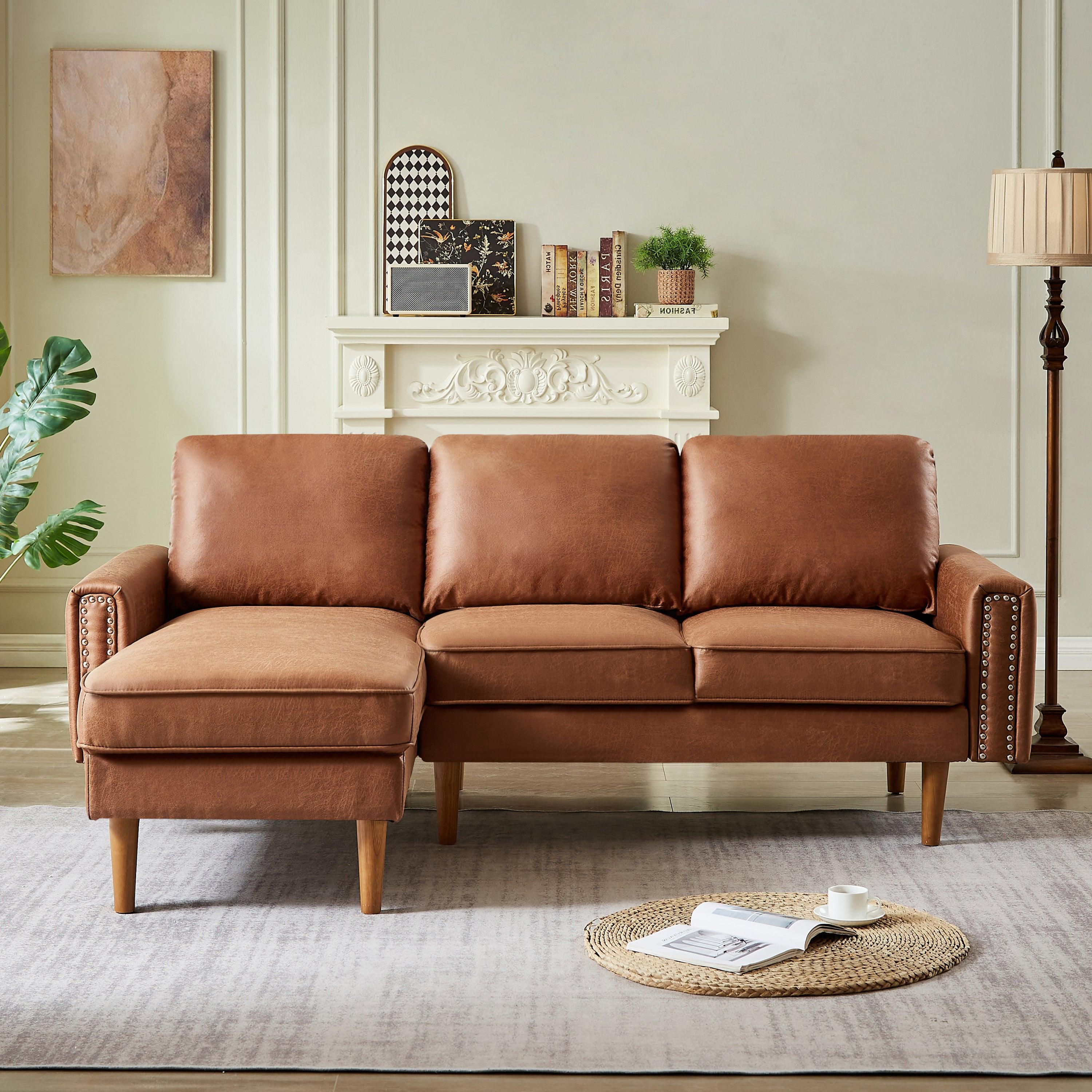 🆓🚛 82.2"L-Shape Sofa Couch With Chais Mid-Century Copper Nail On Arms, Strong Wooden Leg & Suede Fabric Design That Will Complement Any Living Space, Left Chaise, Brown