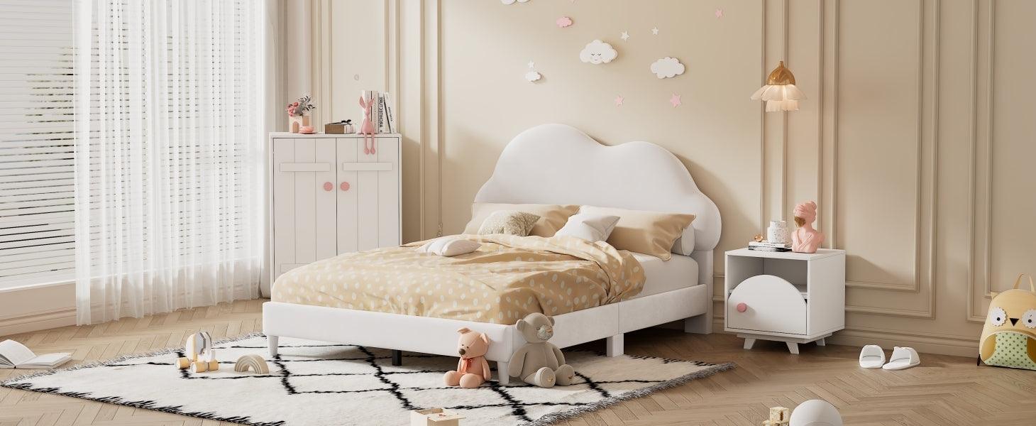 Full size Upholstered Cloud-Shape Bed , Velvet Platform Bed with Headboard, No Box-spring Needed, Beige