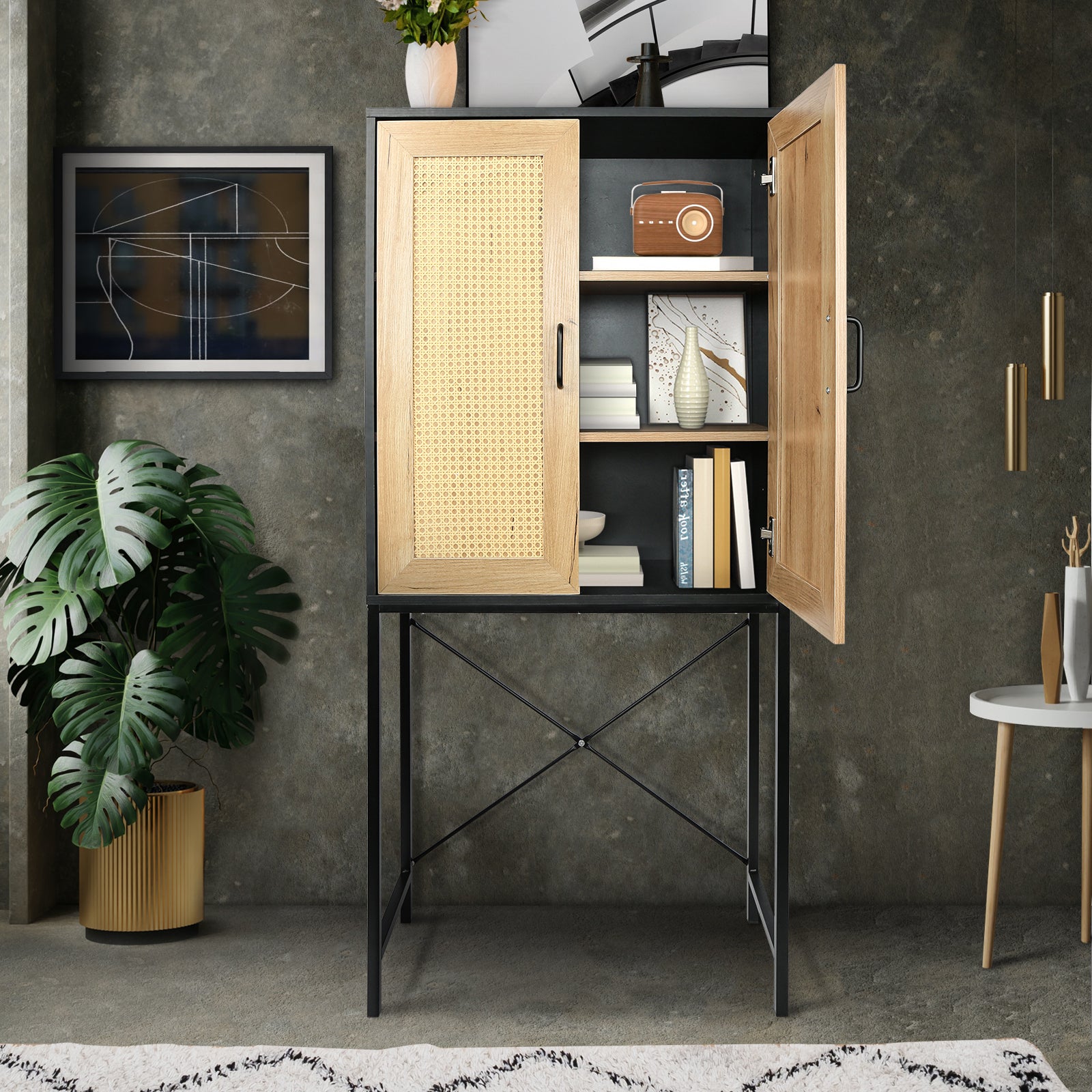 59'' High Elegant Cabinet With 2 Rattan Doors Bedroom Living Room Kitchen Cupboard, Wooden Furniture With 3-Tier Shelving X-Shaped Supporting Bars Easy Assembly Nature Color