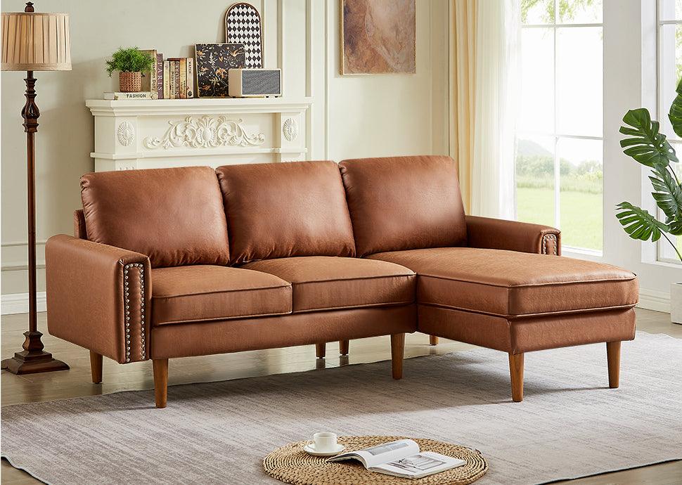 🆓🚛 82.2"L-Shape Sofa Couch With Chais Mid-Century Copper Nail On Arms, Strong Wooden Leg & Suede Fabric Design That Will Complement Any Living Space, Right Chaise, Brown