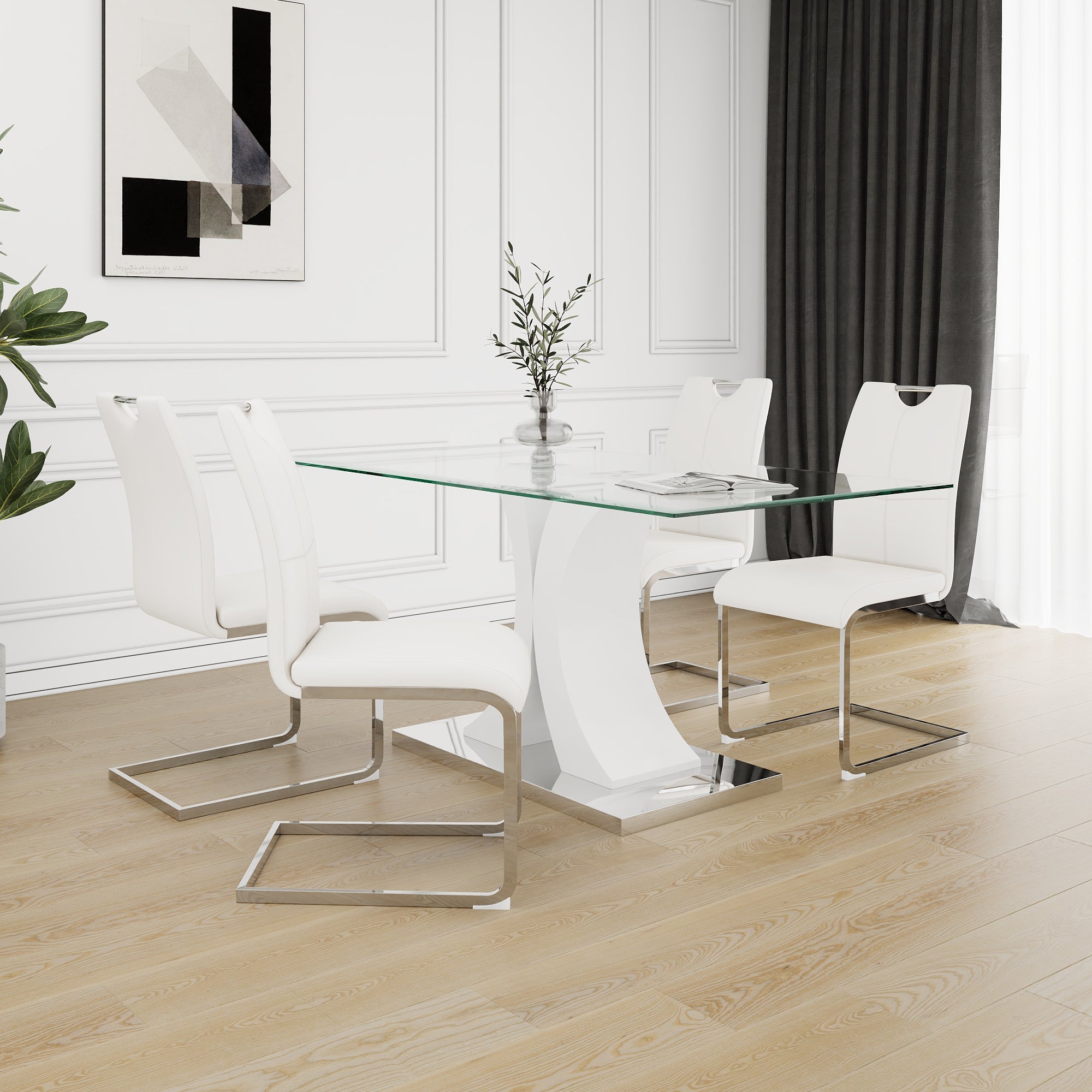 🆓🚛 Modern Table and Chair Set, Modern Style Glass Table, Elegant Transparent Design, Durable Support Base, 5 White Dining Chairs, Electroplated Chair Legs