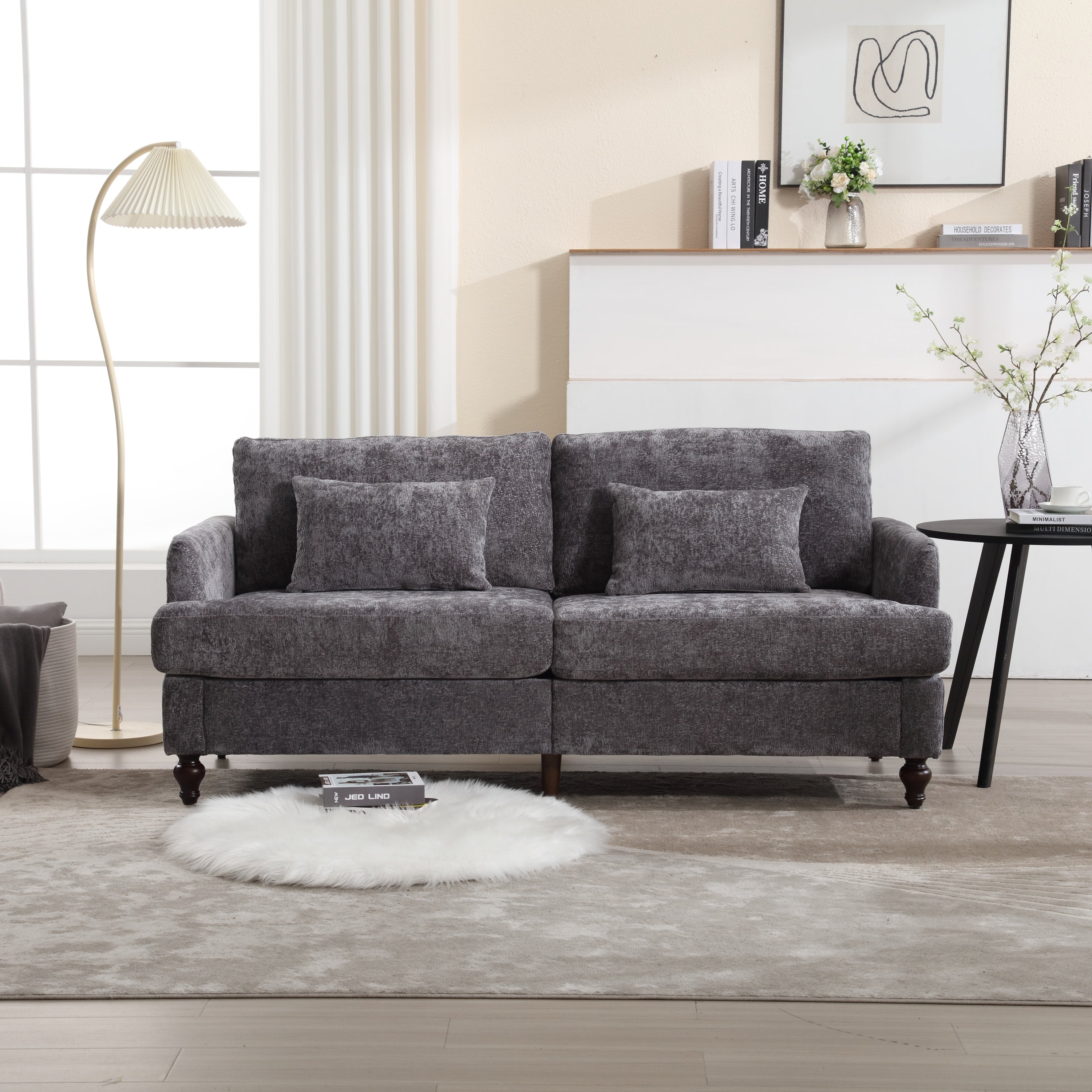 🆓🚛 68.9" Modern Chenille Fabric Loveseat, 2-Seat Upholstered Loveseat Sofa Modern Couch, Gray