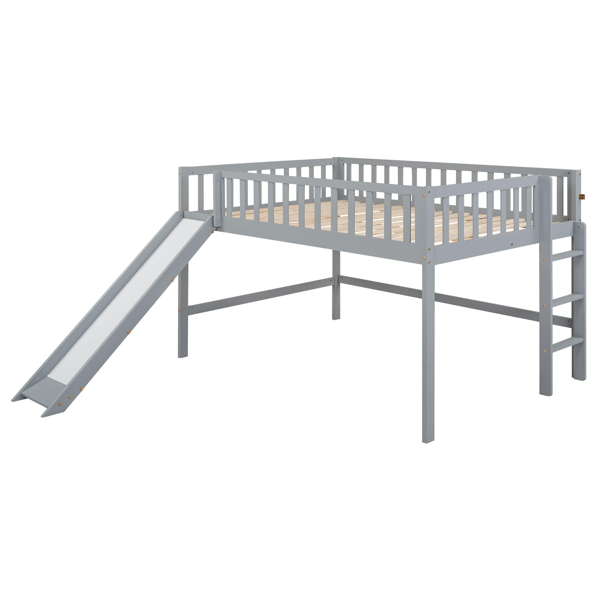 Full Size Low Loft Bed with Ladder and Slide, Gray