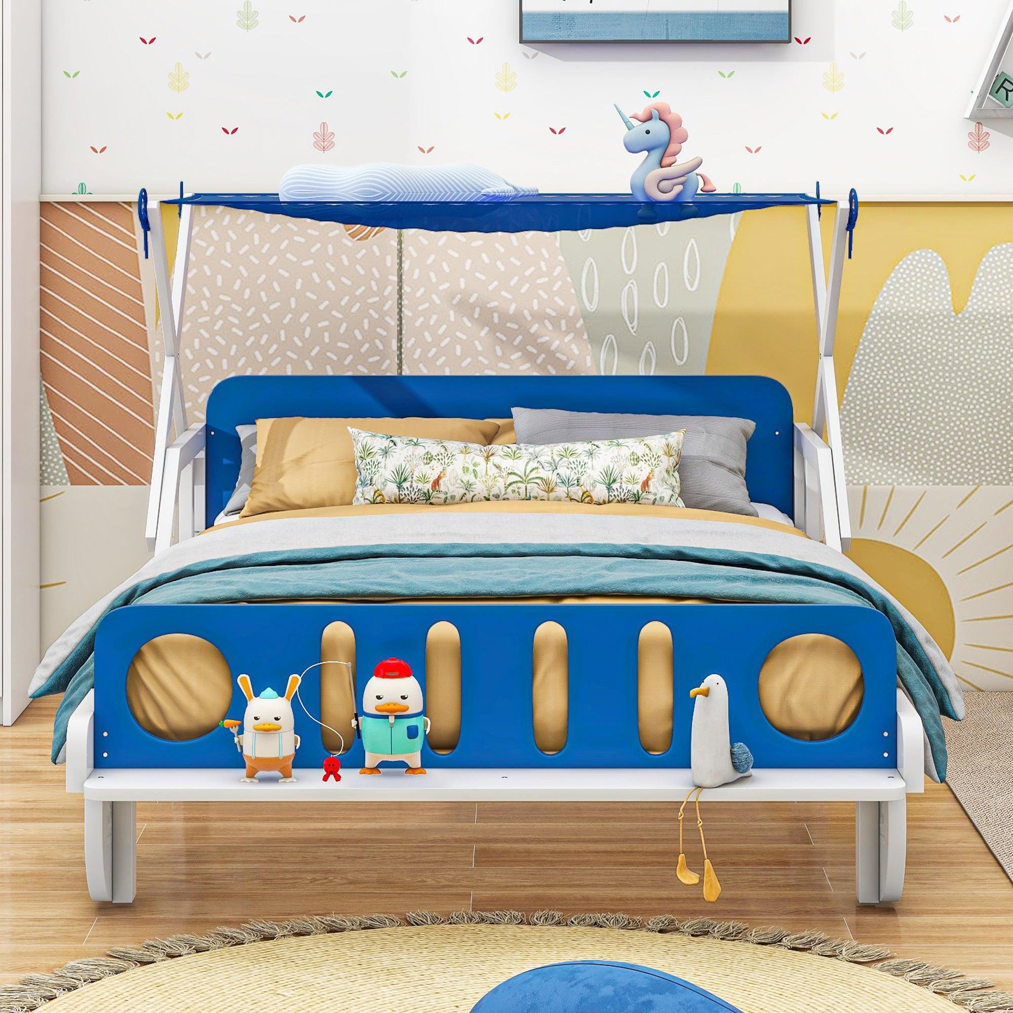 🆓🚛 Wood Twin Size Car Bed With Ceiling Cloth, Headboard & Footboard, White+Blue