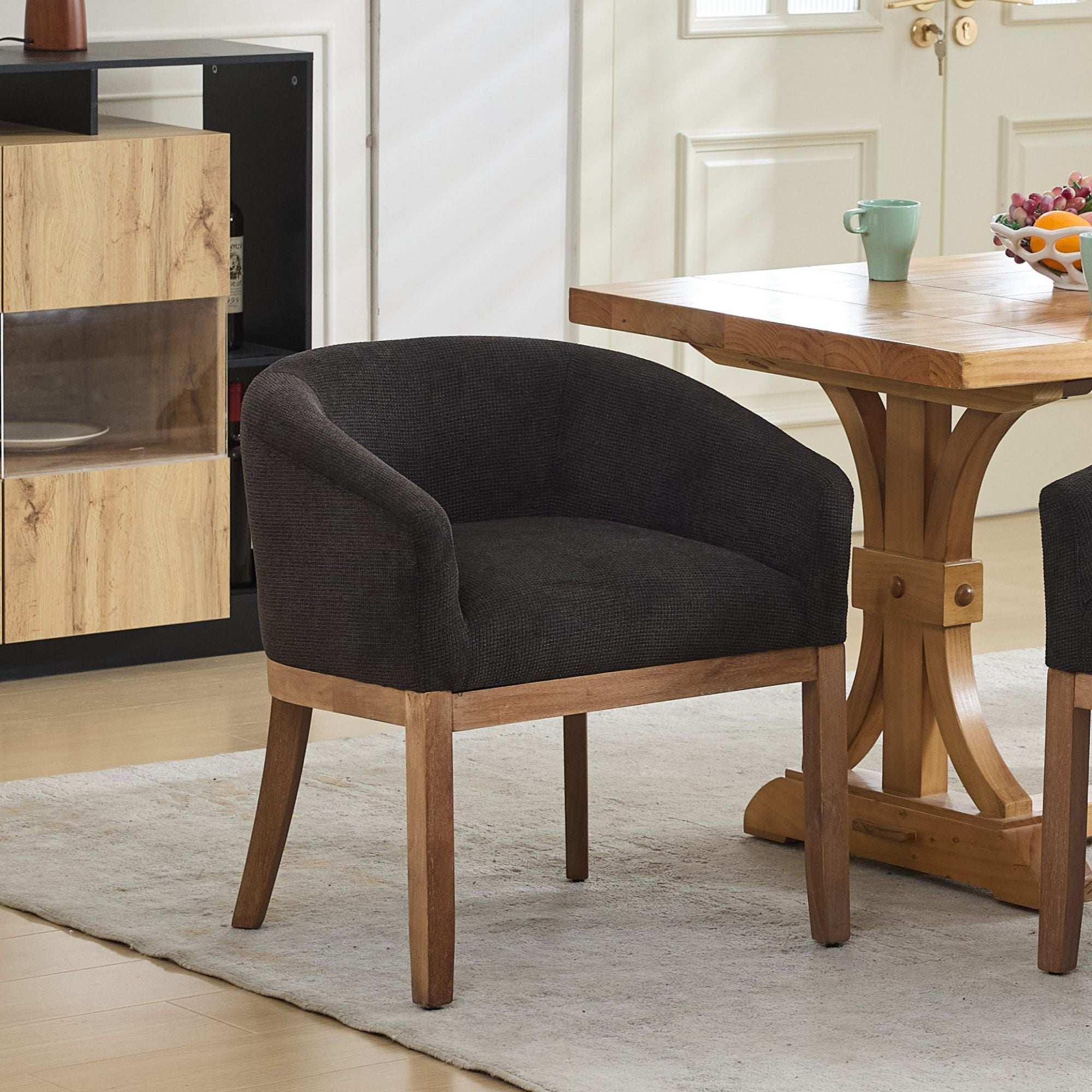 Mid Century Modern Upholstered Barrel Dining Chairs with Arms, Farmhouse Linen Kitchen & Dining Room Chairs with Natural Hardwood Frame, 19' W Accent Chairs for Living Room, Single Pack, Black, SW1891BK