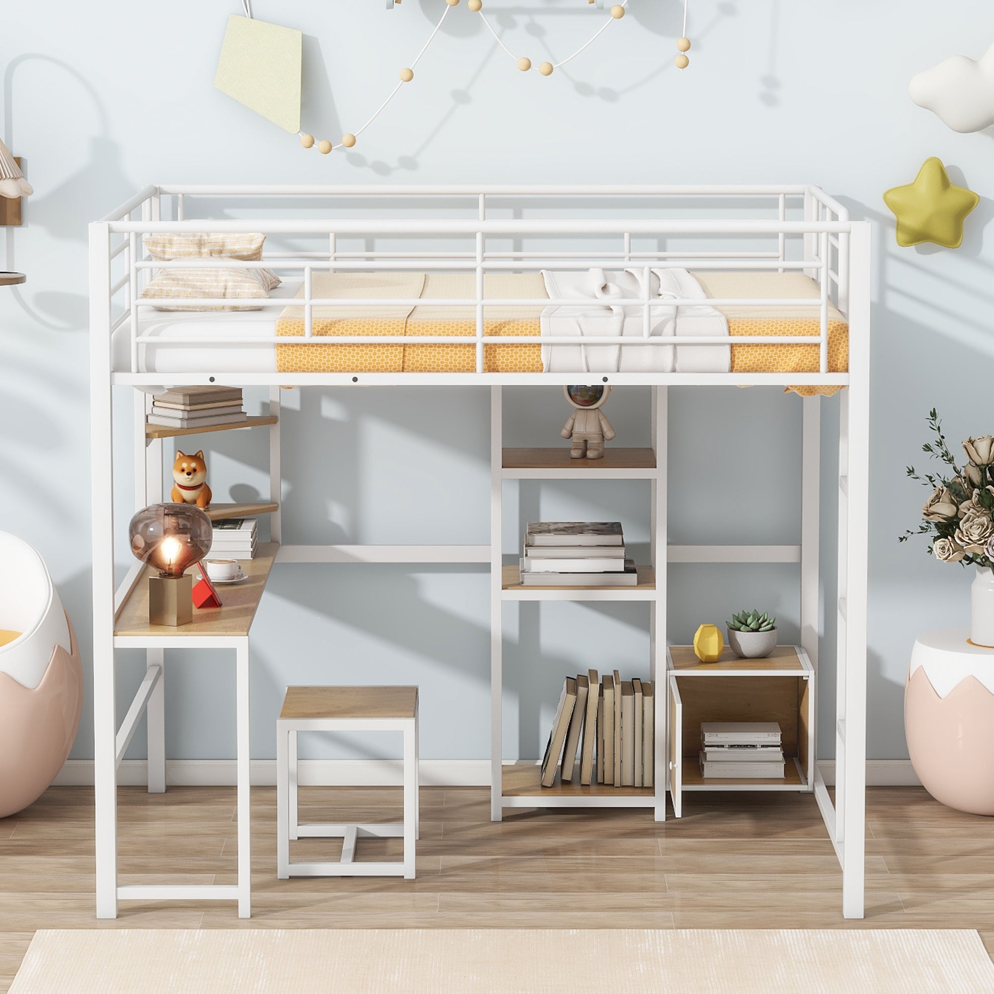 Full Size Loft Bed with Desk and Stool, Metal Loft Bed with Open-Style Wardrobe, Shelves and Cabinet, White