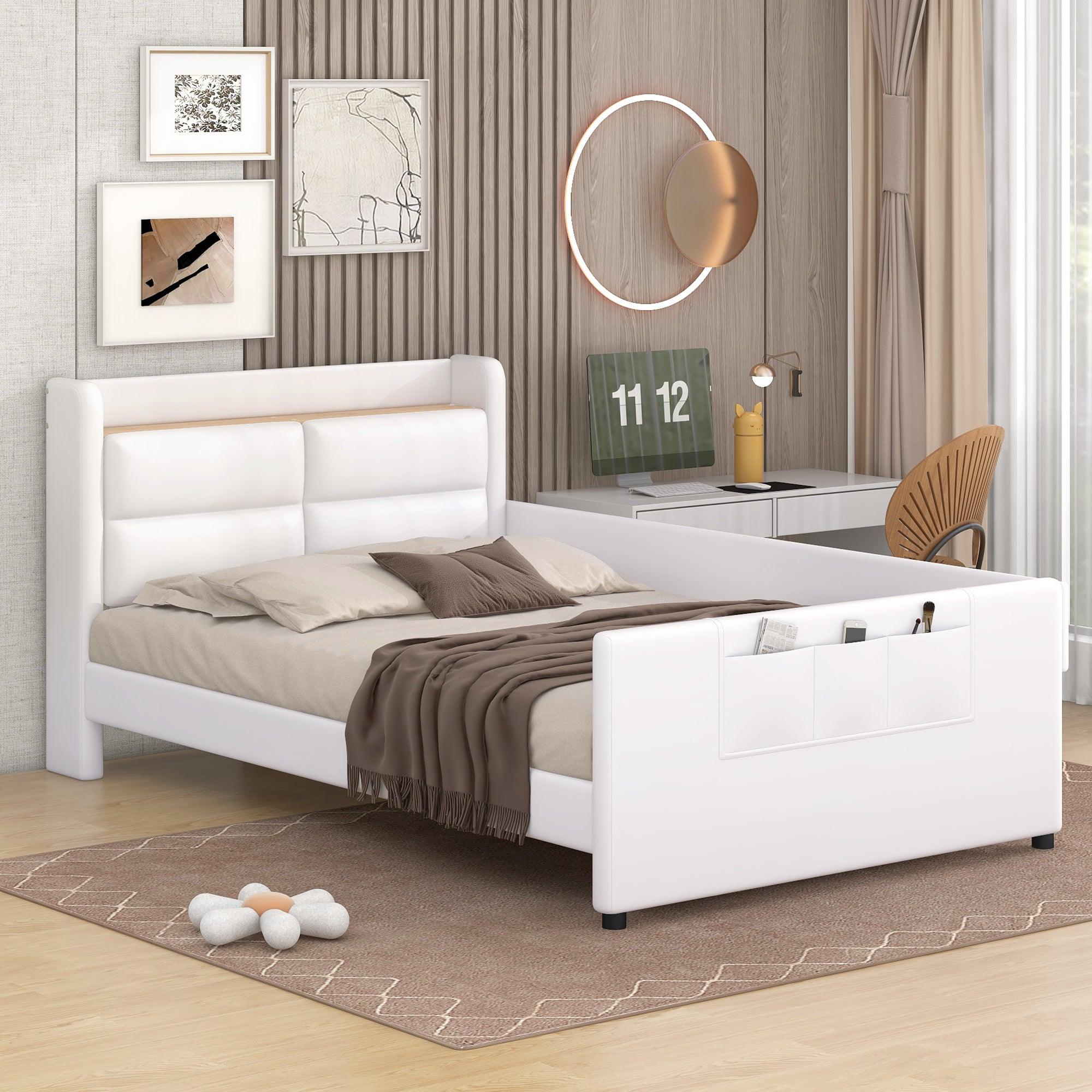 🆓🚛 Twin Size Upholstered Platform Bed With Guardrail, Storage Headboard & Footboard, Beige