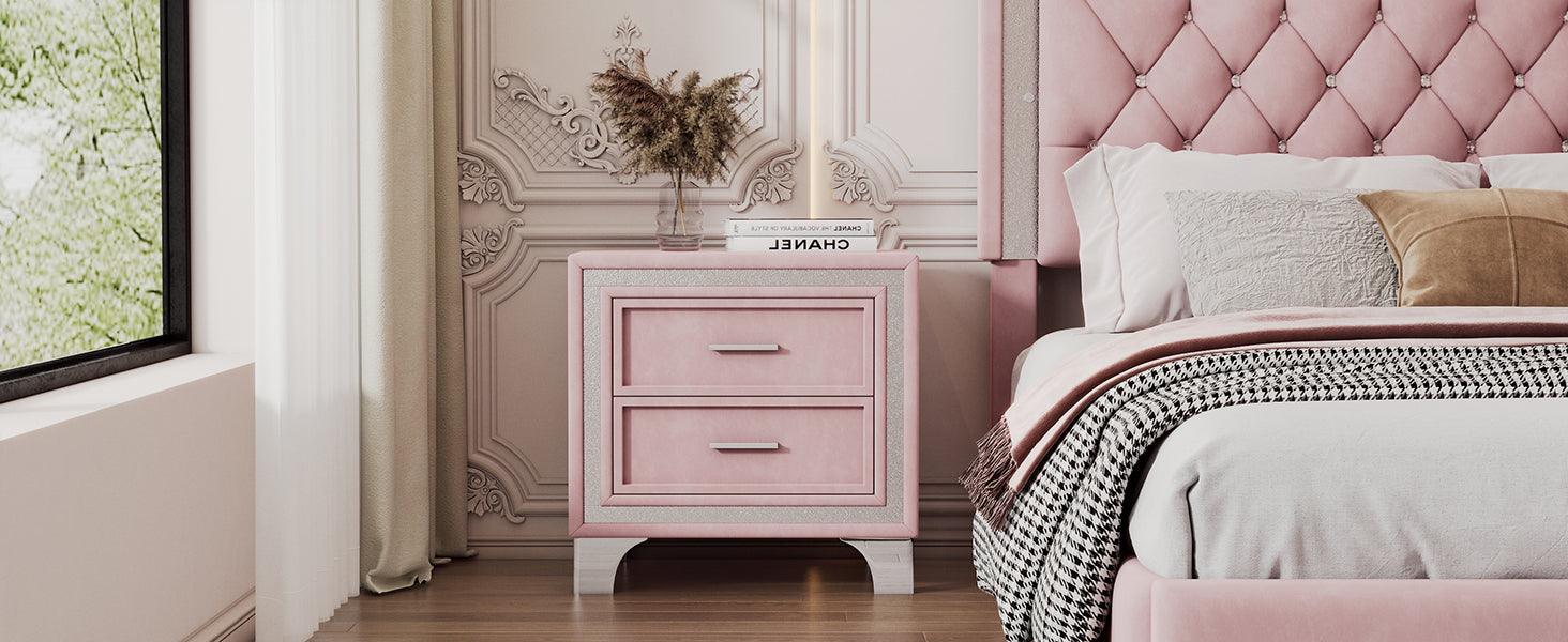 ELCRU 2-Drawer Velvet Nightstand with Metal Legs for Bedroom - Pink