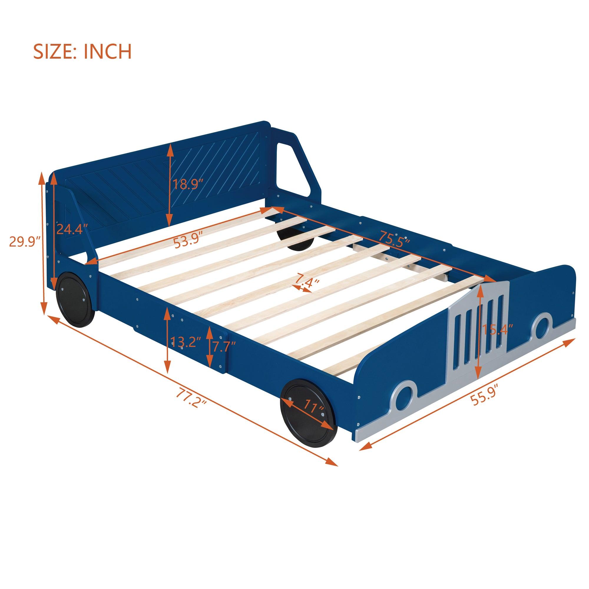 Full Size Car-Shaped Platform Bed with Wheels, Blue