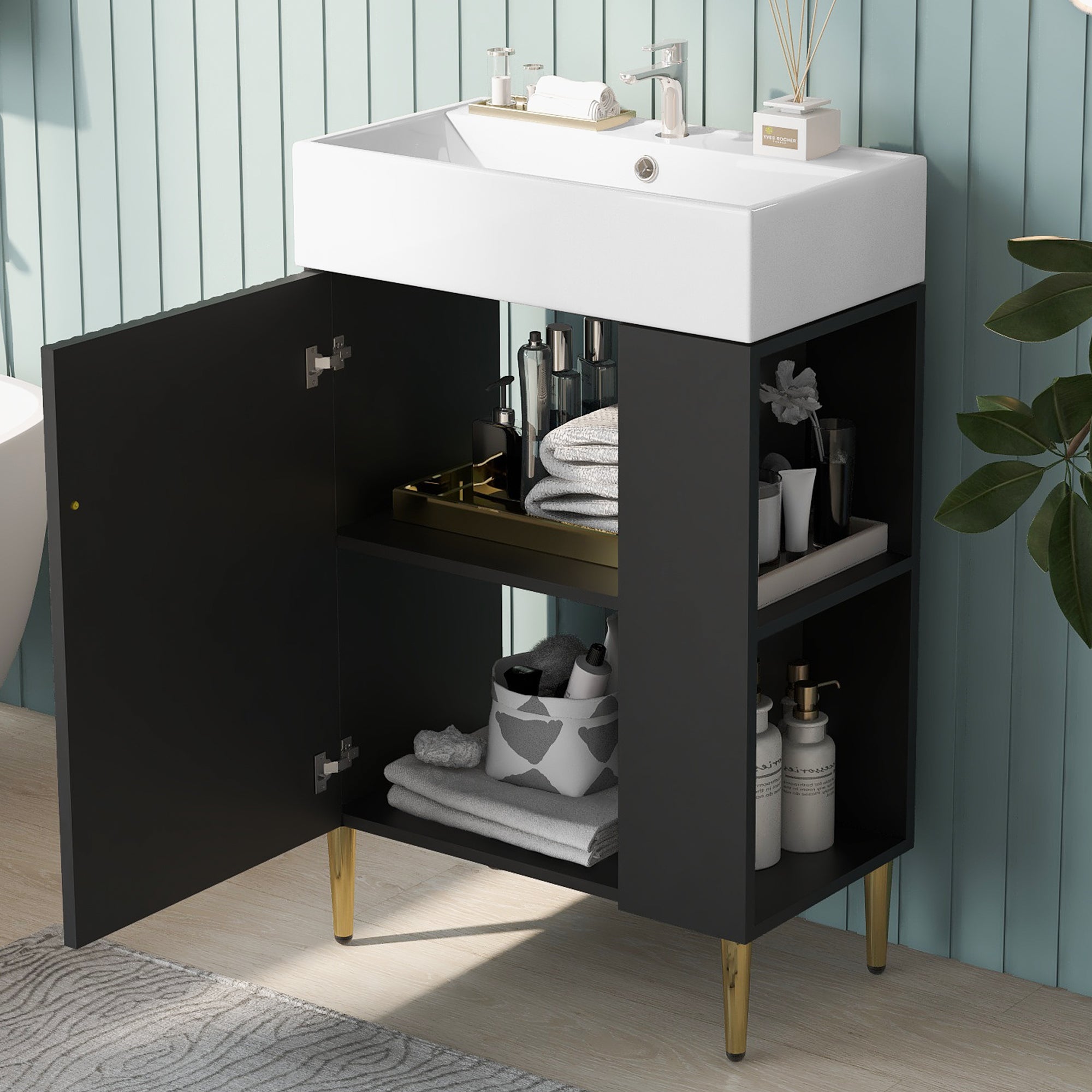 21.6" Black Bathroom Vanity, Combo Cabinet, Bathroom Storage Cabinet, Single Ceramic Sink, Right Side Storage