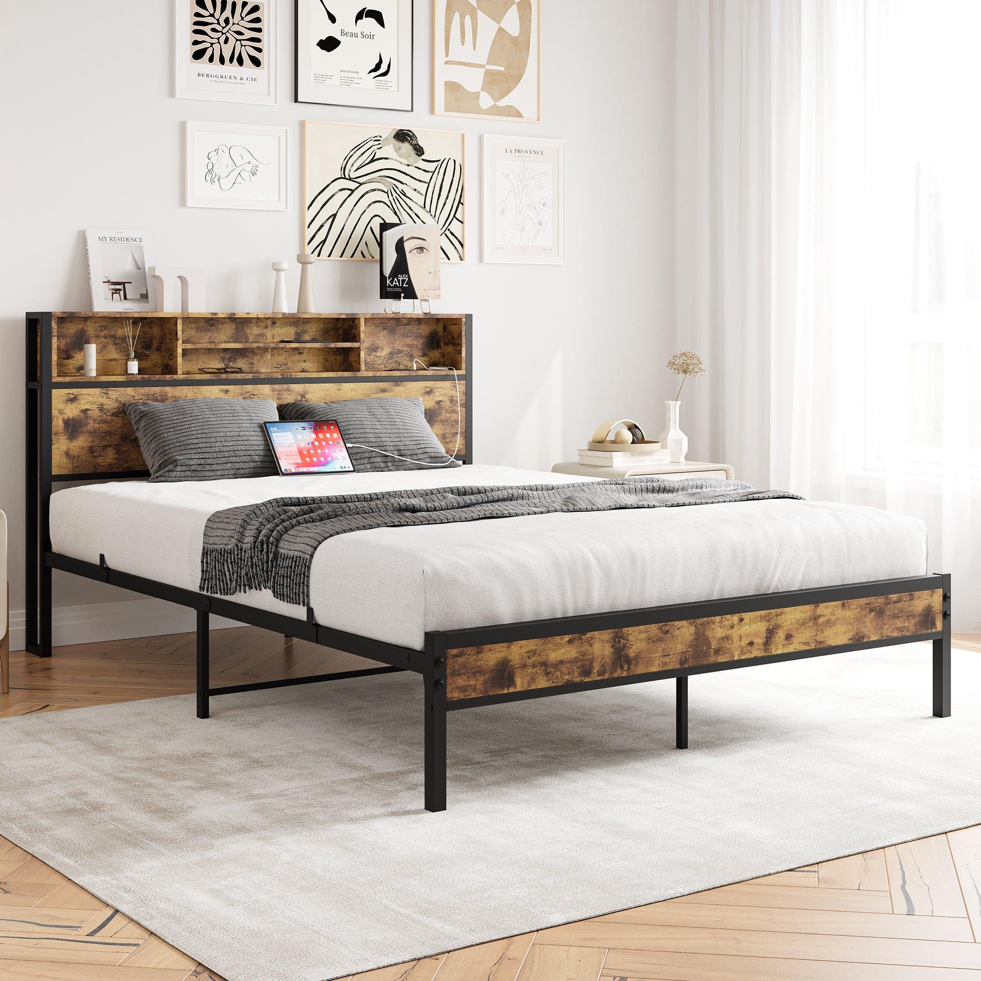 🆓🚛 Queen Bed Frame With Storage Headboard, Metal Platform Bed With Charging Station, Bookcase Storage, No Box Spring Needed, Easy Assembly, Noise-Free, Black