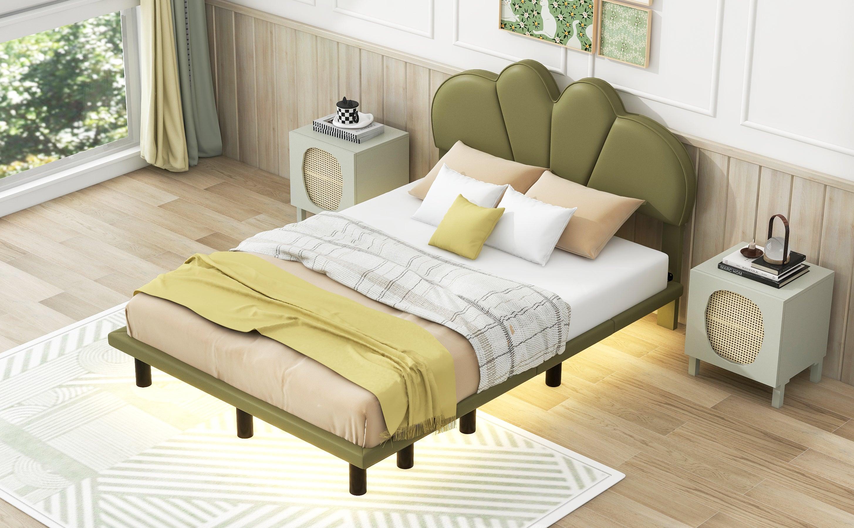 Full Size Upholstery Platform Bed with PU Leather Headboard and Support Legs, Underbed LED Light, Green