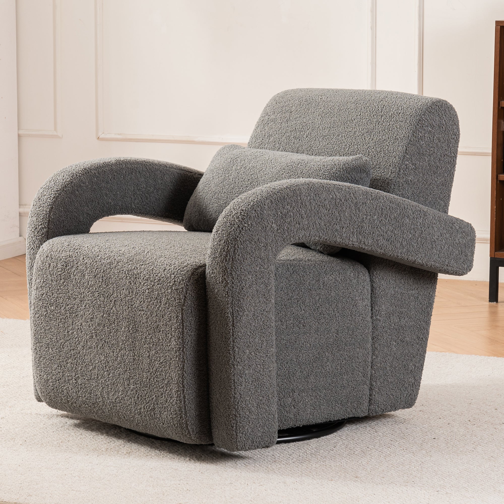 🆓🚛 Cozy Teddy Fabric Armchair - Modern Sturdy Lounge Chair With Curved Arms and Thick Cushioning for Plush Comfort, Dark Gray