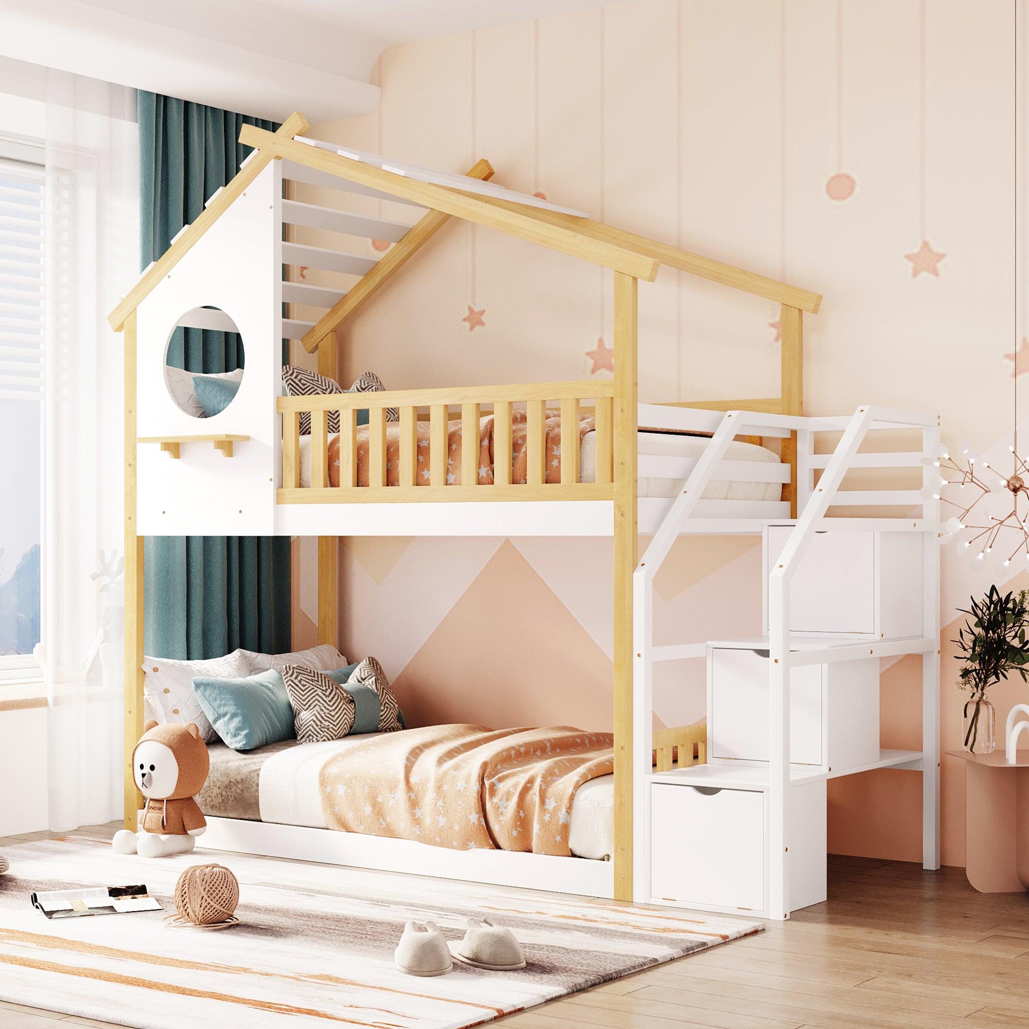 🆓🚛 Stairway Twin-Over-Twin Bunk Bed, House Bed, Storage & Guard Rail, Natural Bed +White Stair