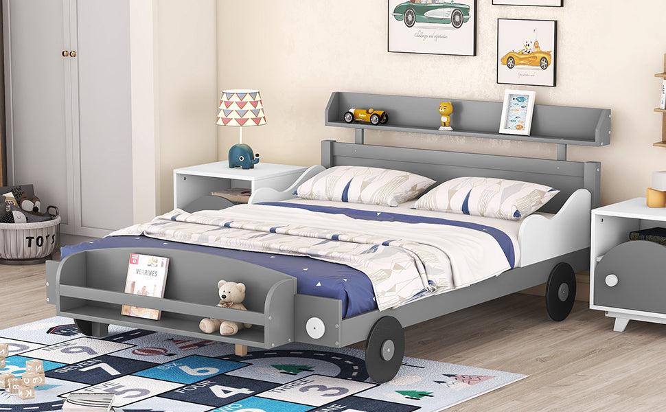 Full Size Car-Shaped Platform Bed, Full Bed with Storage Shelf for Bedroom, Gray