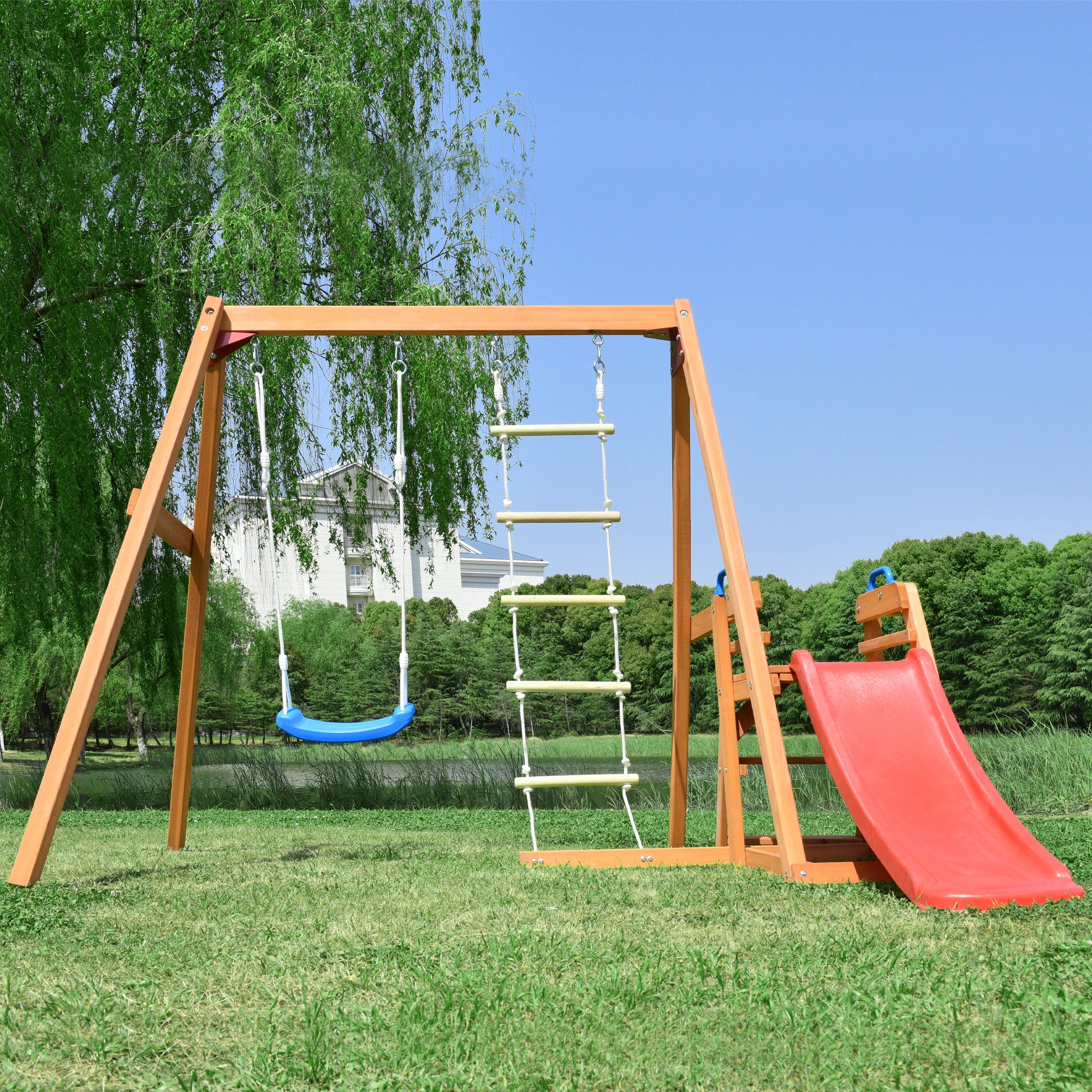 🆓🚛 Wooden Swing Set With Slide, Outdoor Playset Backyard Activity Playground Climb Swing Outdoor Play Structure for Toddlers, Ready To Assemble Wooden Swing-N-Slide Set Kids Climbers