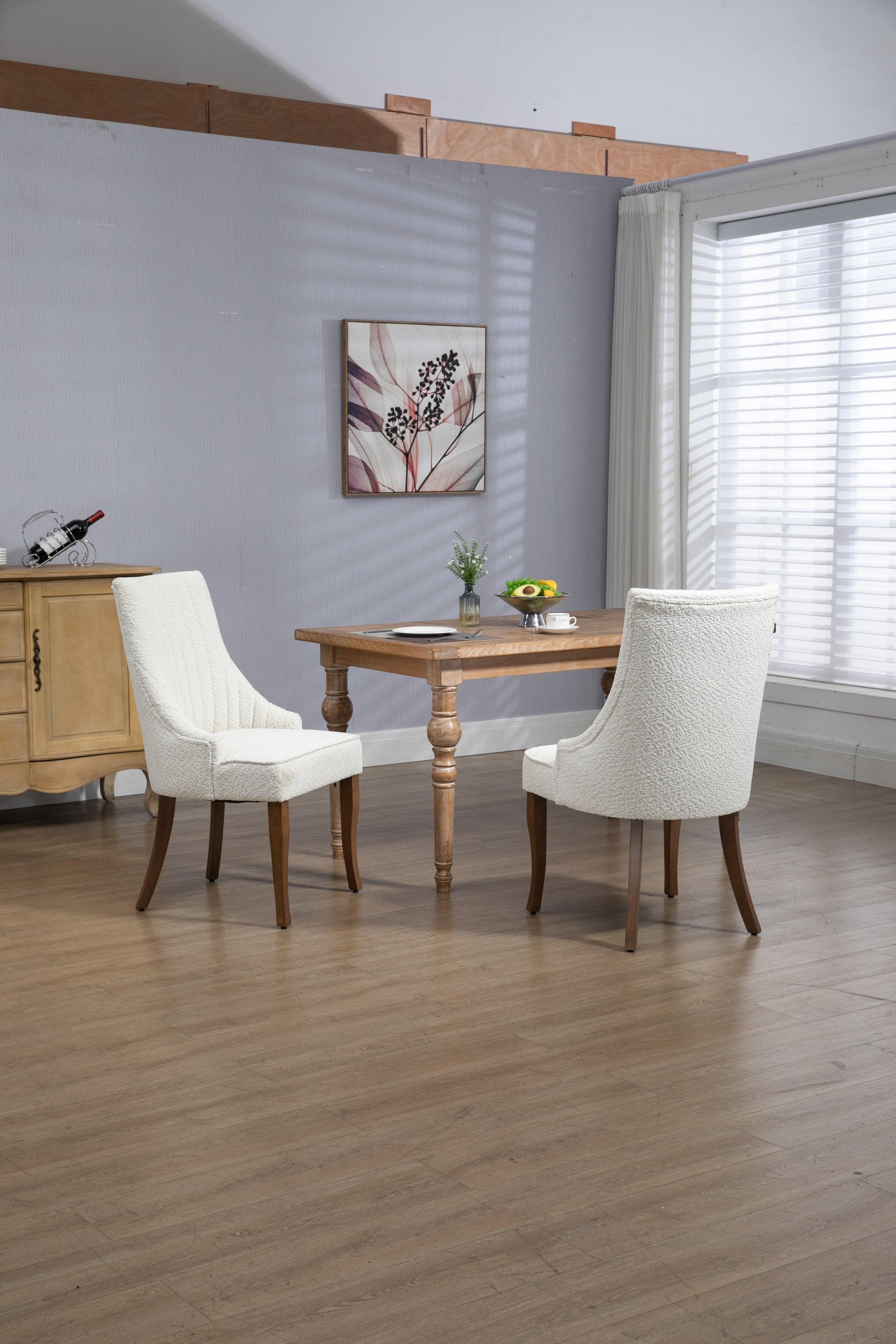 Exquisite White Boucle Upholstered Strip Back Dining Chair with Solid Wood Legs 2 Pcs