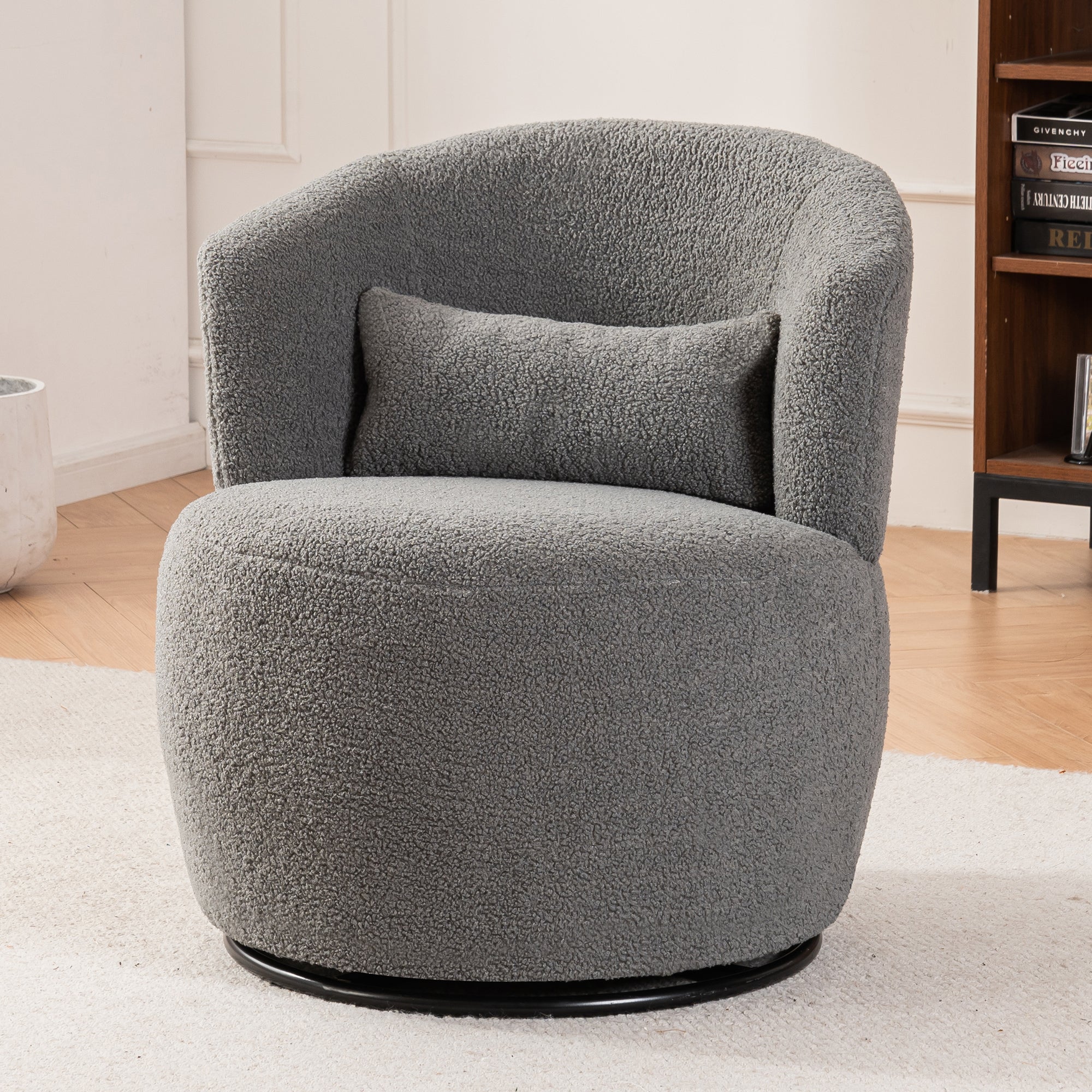 🆓🚛 Cozy Plush Swivel Accent Chair - Contemporary Round Armchair With 360° Rotation and Metal Base for Living Room Elegance, Gray