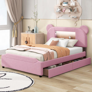 Full Size Upholstered Storage Platform Bed with Cartoon Ears Headboard, LED and USB, Pink