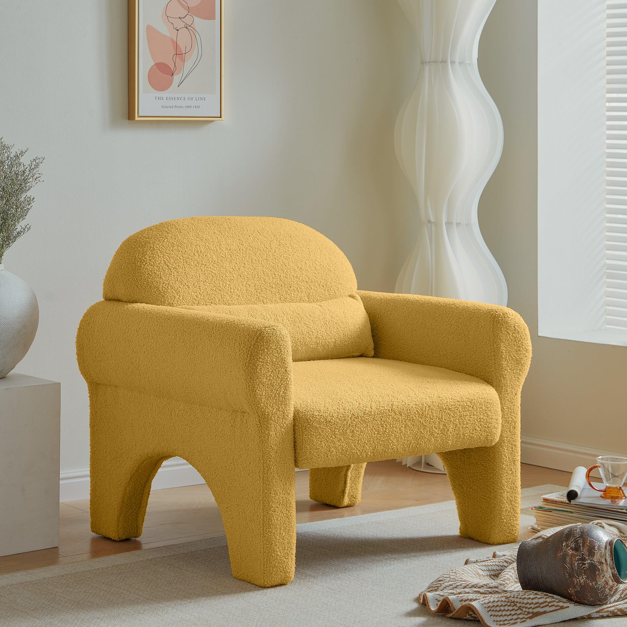 🆓🚛 Modern Teddy Fabric Accent Chair With Lumbar Pillow for Living Room, Yellow